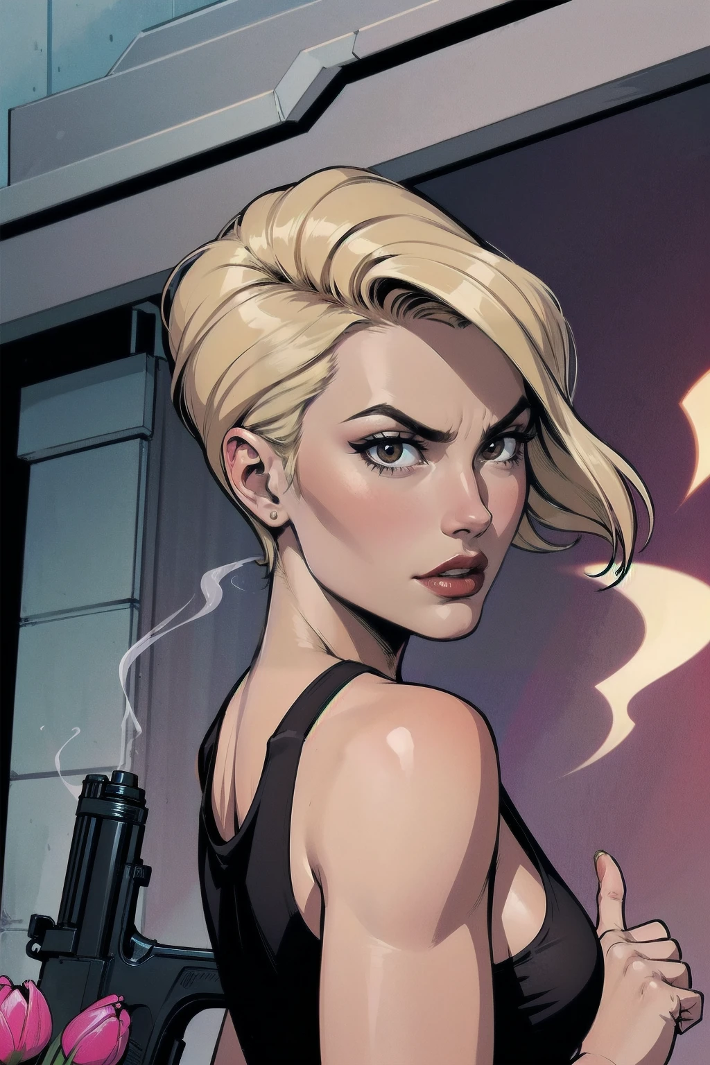 a woman with short blond hair, hair on shoulders, wearing a red tank top, small breasts and jeans, brown eyes, wife of preacher, tulip ohare, toon aesthetic, wearing red lipstick, look like tulip ohare (comics) (preacher) (vertigo), smoking, pointing a gun, serious face, upper body, looking at the view