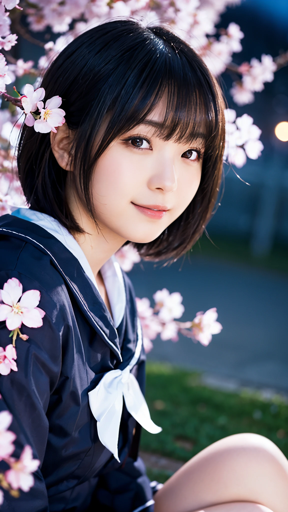 (highest quality,masterpiece:1.3,ultra high resolution),(Super detailed,caustics,8k),(photorealistic:1.4,RAW shooting),1 girl,sitting,(smile),stare at the camera,18-year-old,cute,Japanese,black short hair,(sailor suit),glamorous,(big ),(face close up),(face focus),darkness,night sky,Illuminated night cherry blossoms,professional writing,(bust up shot),(Tilt composition:1.4),(low position:1.4),(Low - Angle:1.4)