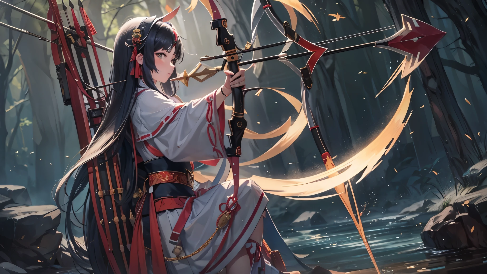 perfect anatomy, masterpiece:1.2, best quality, 8k, beautiful detailed grow, daydreaming expression, from-side (((Shooting:1.3 an Arrow of light))) (hand holding long-bow gripping long-bow in hand), break, a (blunt bangs) (black hair long hair divine beautiful girl, 14 yo, cute closed eyes, serious face), in a Shrine maiden costume, ((background is shooting flare)).