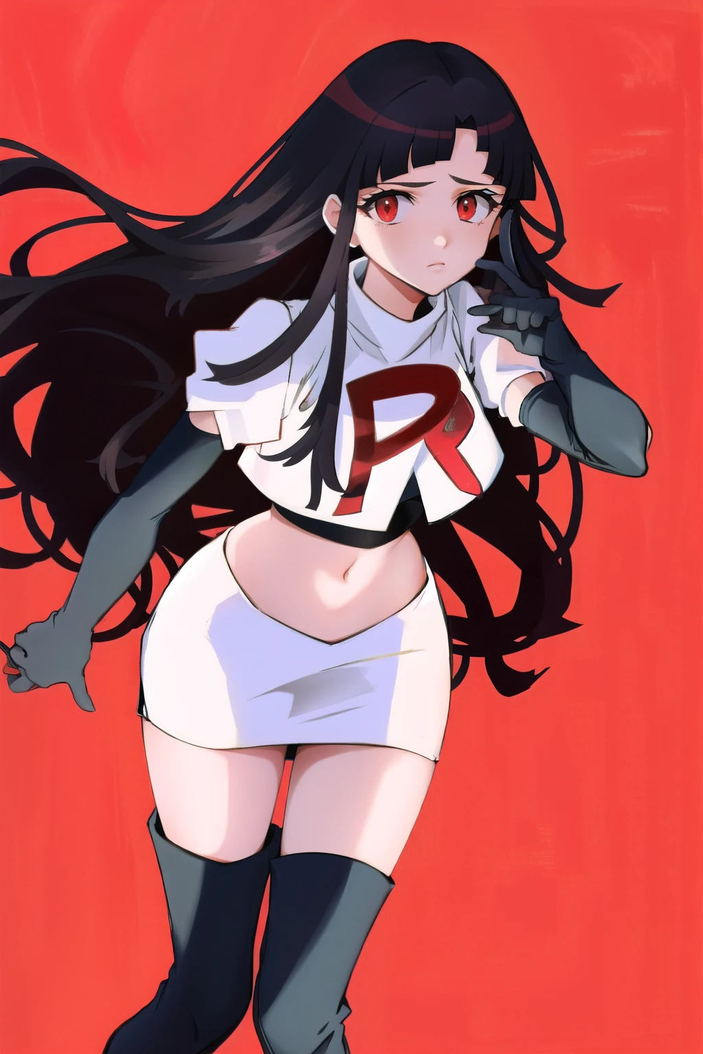 1girl, solo, messy hair, official style, face, portrait, team rocket,team rocket uniform, red letter R, white skirt,white crop top,black thigh-highs, black elbow gloves