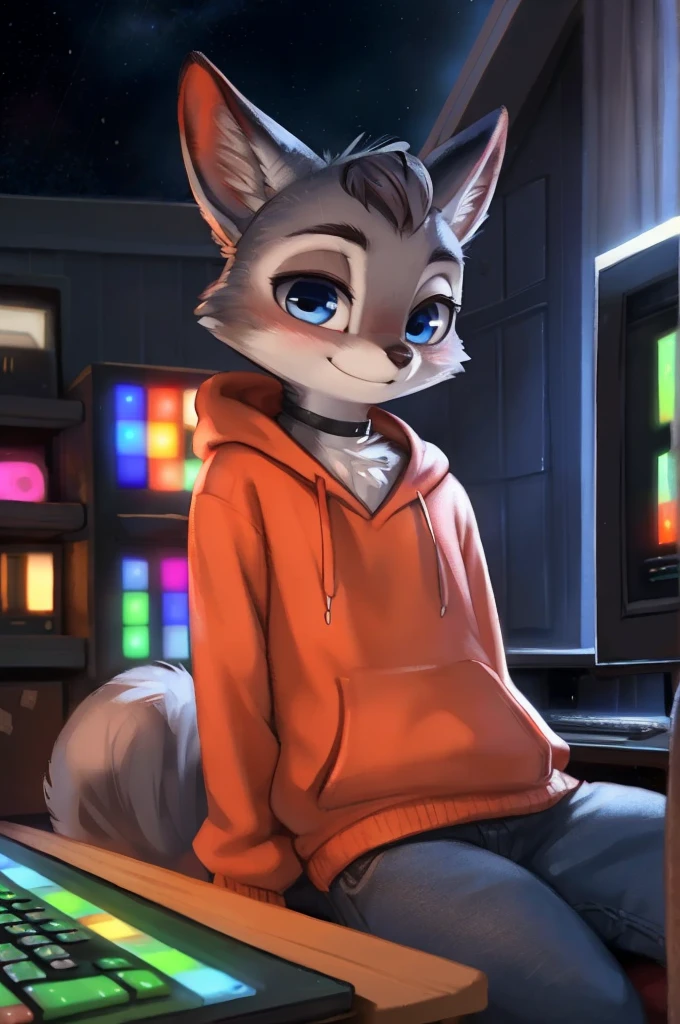 by kenket, by totesfleisch8, (by thebigslick, by silverfox5213:0.8), (by syuro:0.2), (by qupostuv35:1.2), (hi reasterpiece)), ((best quality)), illustration, furry, sally acorn, animal ears, body fur, 1girl, solo, //, blue eye, //, looking at viewer, smile, (((androgynous))), adult, room and city, (((night, RGB lights, warm colors, lofi))), ((room with computers)), screen lights, toned body, choker, chill pose, hoodie and jeans, tomboy clothes, femboy clothes, lofi 8bits, ((light-grey fur)), FurryCore