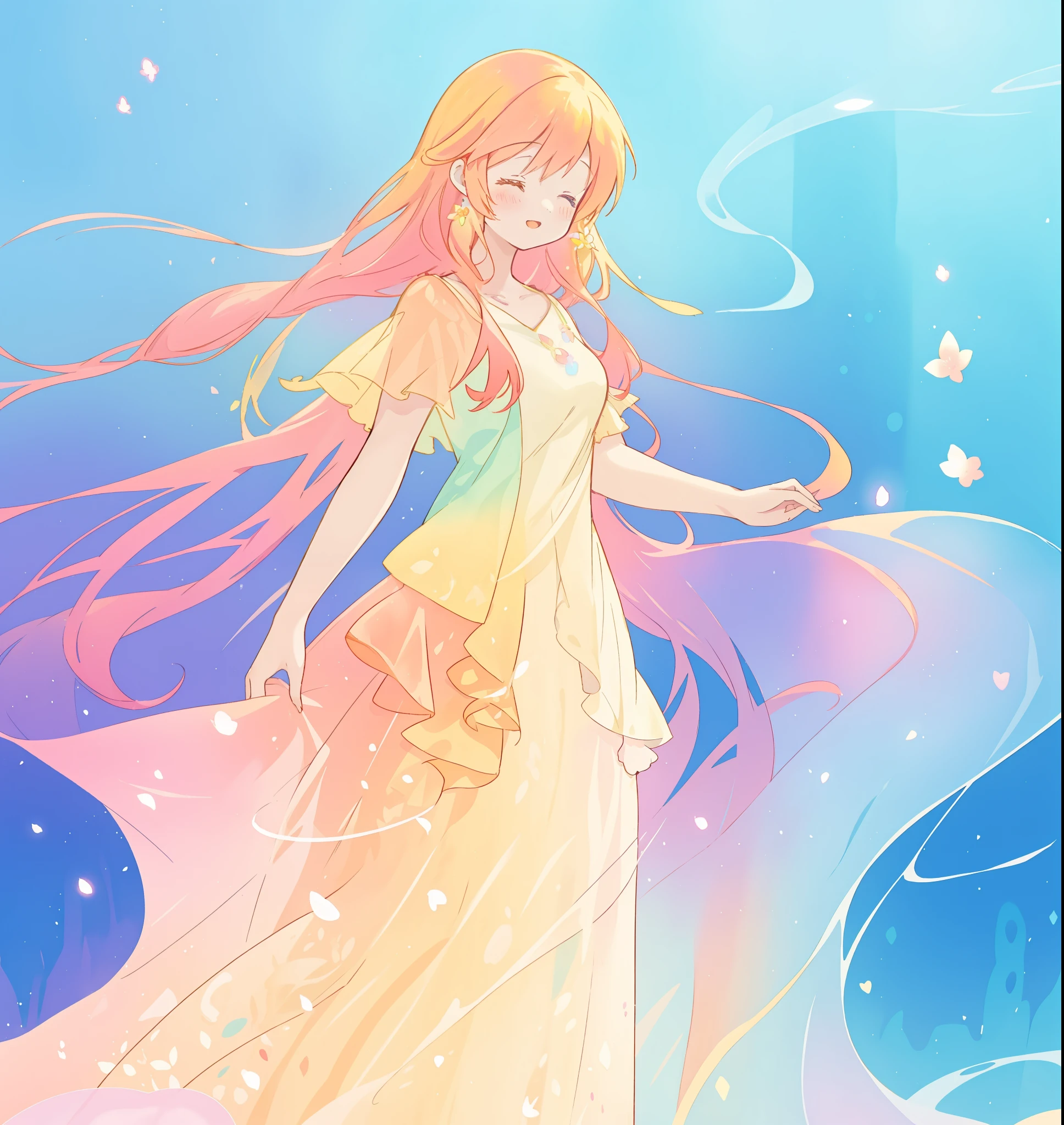 beautiful girl in gradient colorful layered liquid dress, long flowing peach gradient hair, otherworldly liquid atmosphere, colorful fantasia background, vibrant pastel colors, watercolor illustration, disney art style, glowing aura around her, glowing lights, beautiful digital illustration, fantasia otherworldly landscape plants flowers, beautiful, masterpiece, best quality, anime disney style