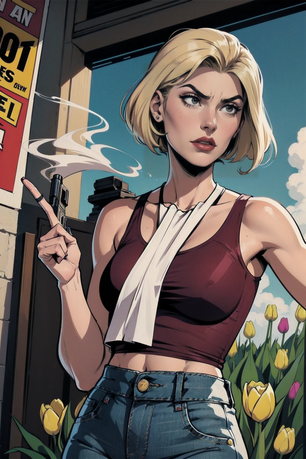 a woman with short blond hair, hair on shoulders, wearing a red tank top, small breasts and jeans, brown eyes, wife of preacher, tulip ohare, toon aesthetic, wearing red lipstick, look like tulip ohare (comics) (preacher) (vertigo), smoking, pointing a gun, serious face, upper body,