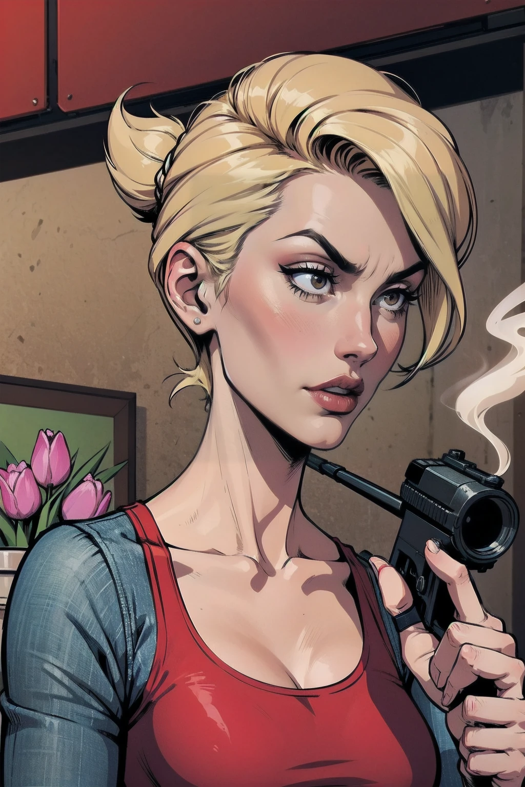 a woman with short blond hair, hair on shoulders, wearing a red tank top, small breasts and jeans, brown eyes, wife of preacher, tulip ohare, toon aesthetic, wearing red lipstick, look like tulip ohare (comics) (preacher) (vertigo), smoking, pointing a gun, serious face, upper body,