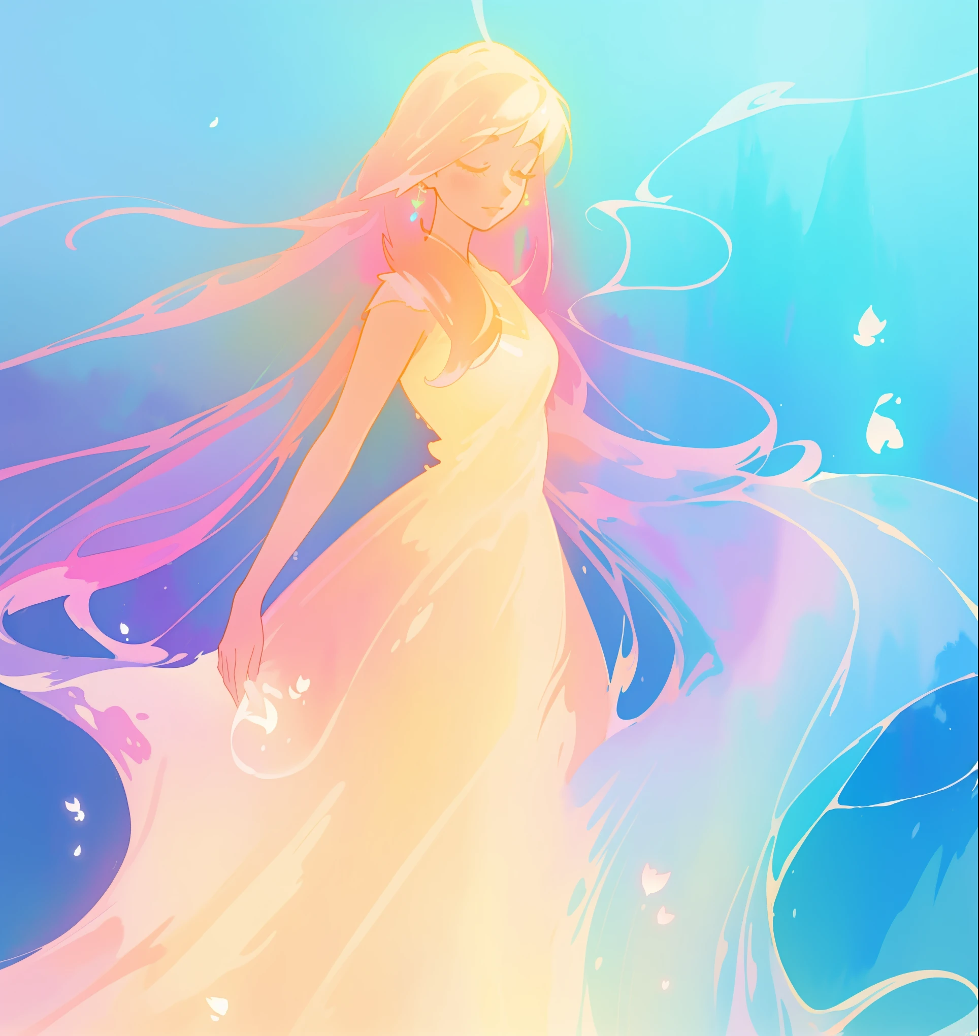 beautiful girl in gradient colorful layered liquid dress, long flowing peach gradient hair, otherworldly liquid atmosphere, colorful fantasia background, vibrant pastel colors, watercolor illustration, disney art style, glowing aura around her, glowing lights, beautiful digital illustration, fantasia otherworldly landscape plants flowers, beautiful, masterpiece, best quality, anime disney style