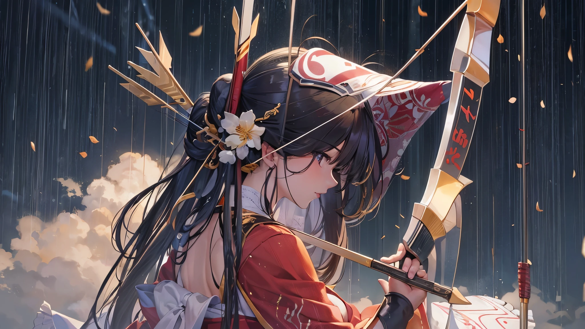 perfect anatomy, masterpiece:1.2, best quality, 8k, beautiful detailed grow, daydreaming expression, from-side (((Shooting:1.3 an Arrow of light))) (hand holding long-bow gripping long-bow in hand), break, a (blunt bangs) (black hair long hair divine beautiful girl, , cute closed eyes, serious face), in a Shrine maiden costume, ((background is shooting arrows-rain)).