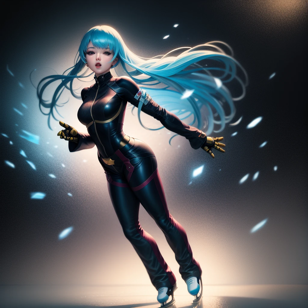 (masterpiece, best quality: 1.2), 8k maximum quality image, best quality, detailed, hyper-realistic, 1 15-year-old woman, alone, black clothes, long light blue hair, is ice skating, character from the king of the fighters, kula diamond, hands perfectly well formed in size and number of fingers, wears black gloves, blowing an icy wind, facing the viewer, in the background is an ice skating rink, full length
