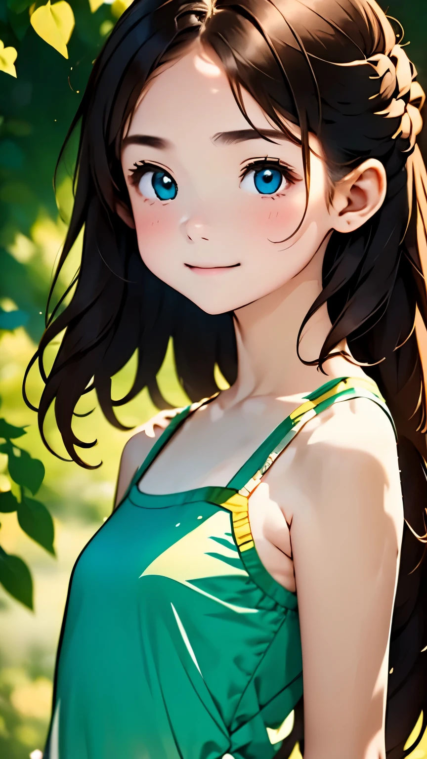 one girl、smile:0.1、pretty girl、brown hair、、young、delicate girl、Upper body、small breasts、unreasonable precision、Super detailed、camisole、completely flat、Honesty、thin arms, professional lighting, film grain, chromatic aberration, (Eye and face details:1.0), (Bokeh:1.1)、school swimwear)))、software:1.5)))、 highest quality, 8k, 14 years,