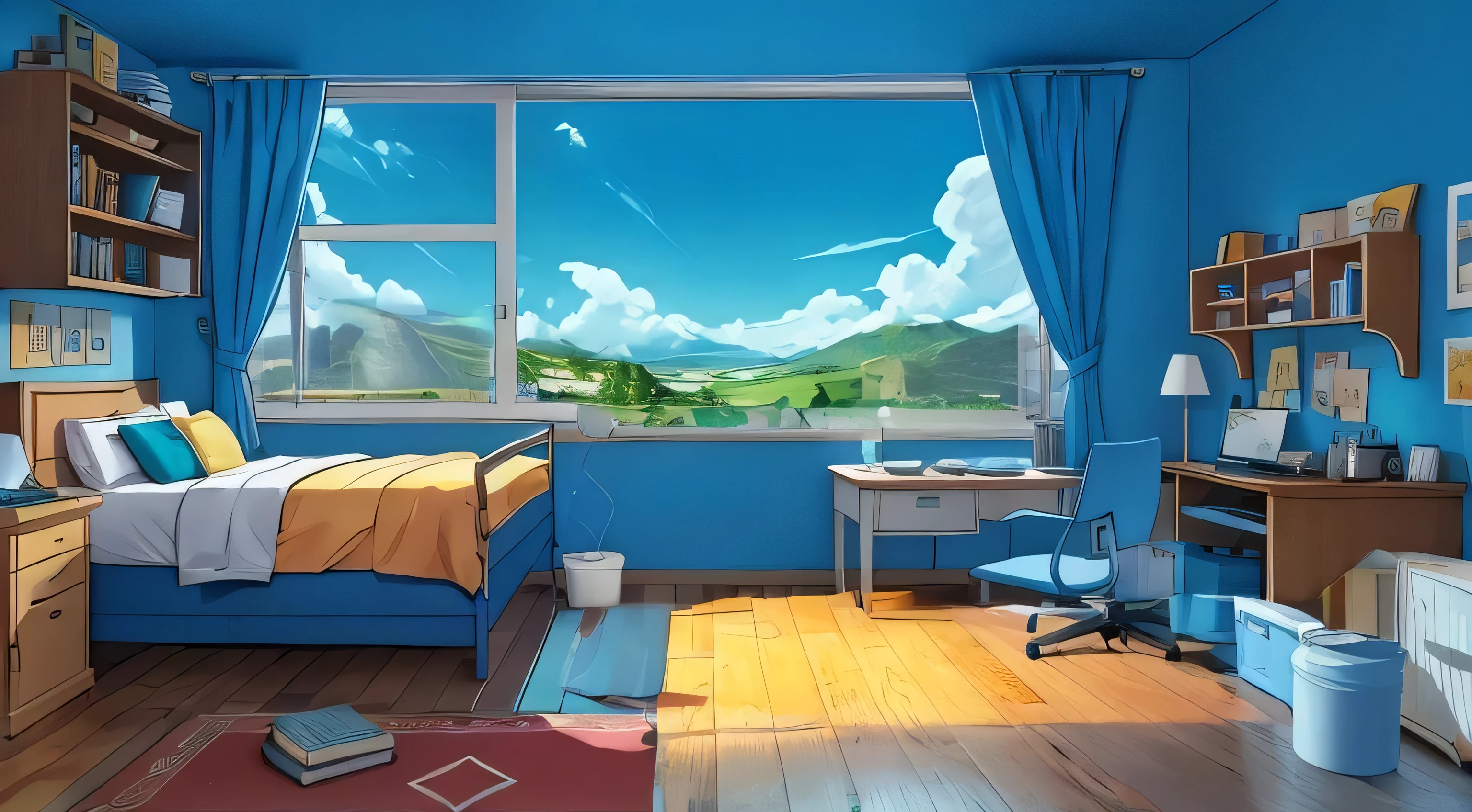 una ventana transparente con un fondo de un hermoso paisaje de una villa, Obra maestra,