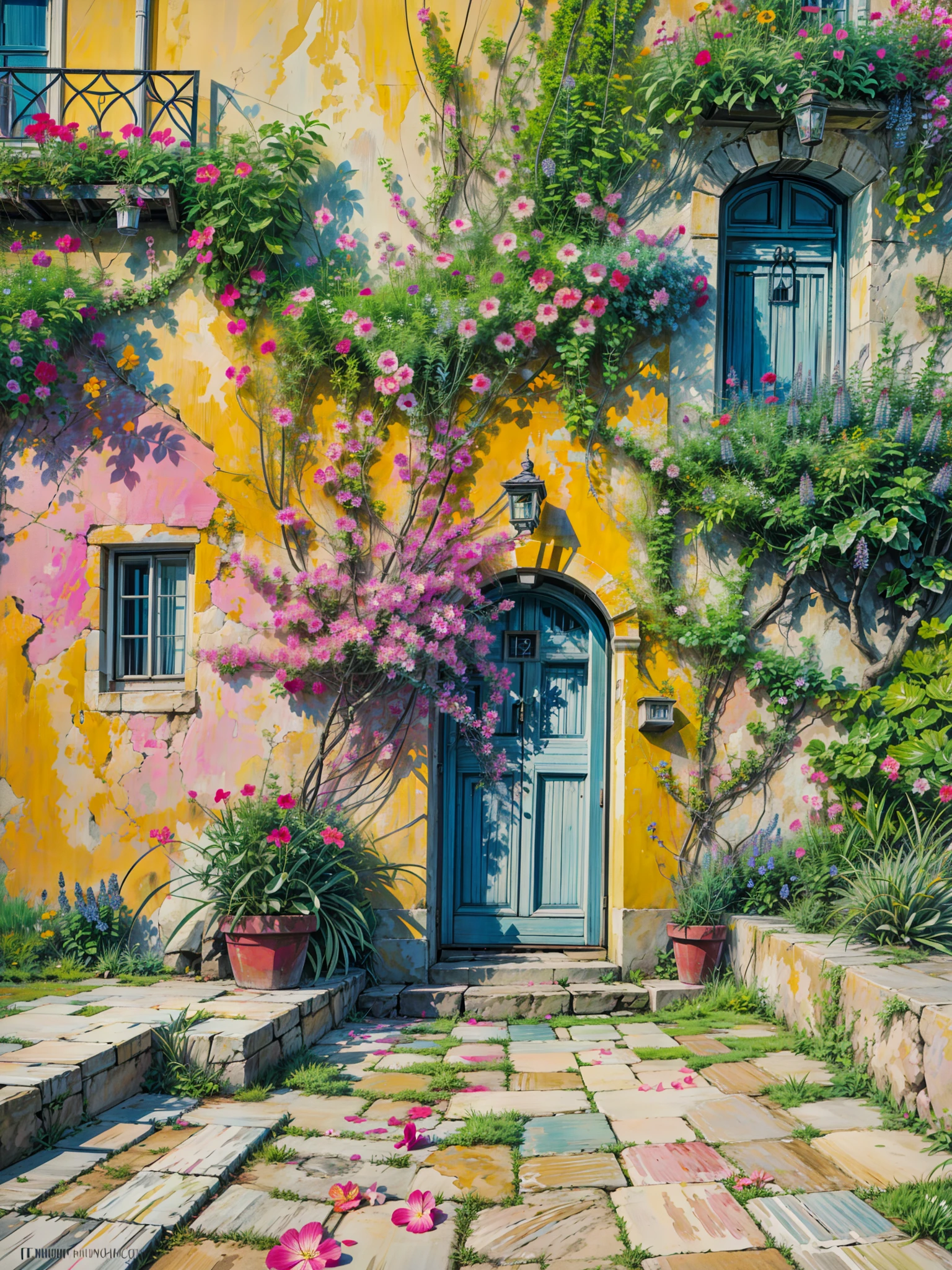 a yellow building with a blue door and pink flowers, pink door, flowery cottage, blue door, dreamy colors, colorful house, greece, beautiful color composition, mediterranean architecture, lush flowery outdoors, vibrant pastel color palette, fantasy italy, bougainvillea, colorful architecture, vibrant uplifting color scheme, southern european scenery, lush chic garden, beatiful house, 4k hd,, beautiful art uhd 4 k, a beautiful artwork illustration, beautiful digital painting, highly detailed digital painting, beautiful digital artwork, detailed painting 4 k, very detailed digital painting, rich picturesque colors, gorgeous digital painting
