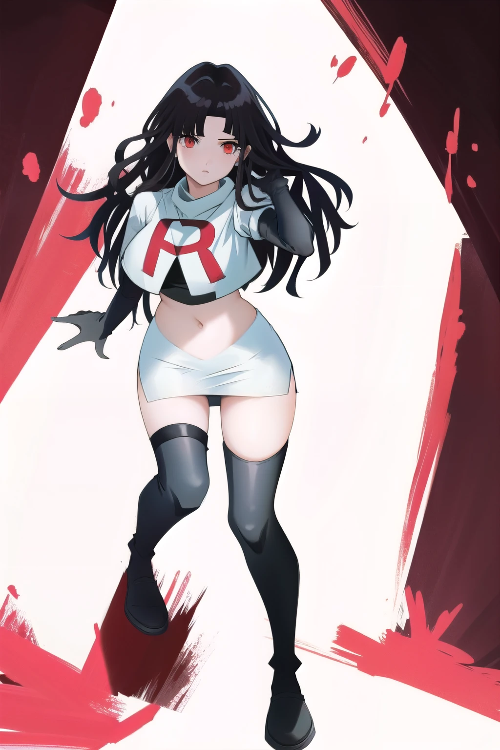 1girl, solo, messy hair, official style, face, portrait, team rocket,team rocket uniform, red letter R, white skirt,white crop top,black thigh-highs, black elbow gloves