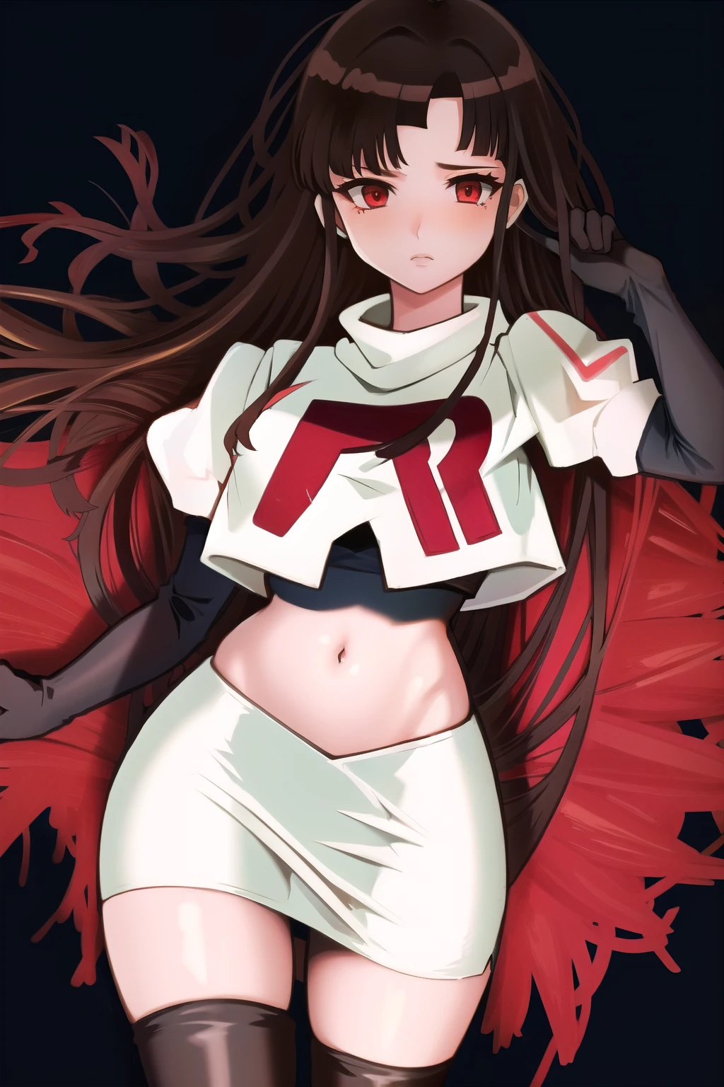 1girl, solo, messy hair, official style, face, portrait, team rocket,team rocket uniform, red letter R, white skirt,white crop top,black thigh-highs, black elbow gloves