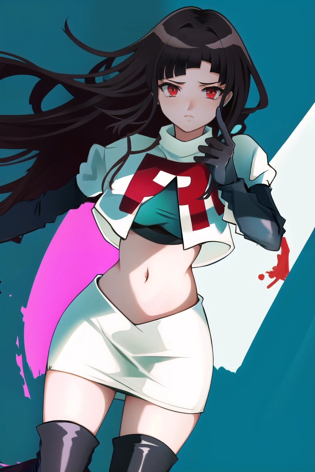 1girl, solo, messy hair, official style, face, portrait, team rocket,team rocket uniform, red letter R, white skirt,white crop top,black thigh-highs, black elbow gloves