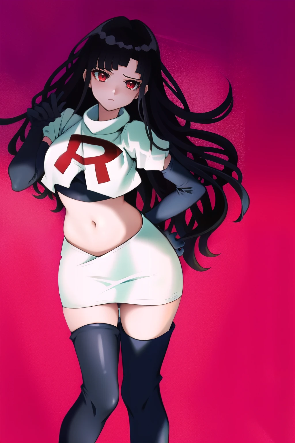 1girl, solo, messy hair, official style, face, portrait, team rocket,team rocket uniform, red letter R, white skirt,white crop top,black thigh-highs, black elbow gloves