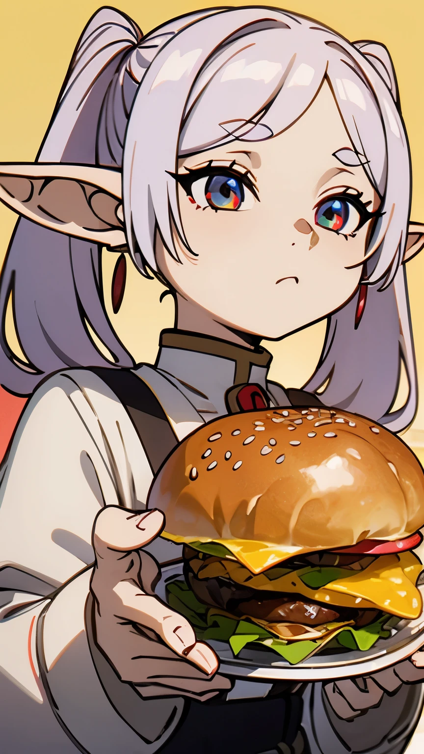 Looking from bottom to top、eat a hamburger bigger than your face、Holding a knife and fork in both handake your eyes sparkle、drooling from the mouth、upper body only、The background is the cafeteria、silver hair、twin tails、Freelen、elf、red earrings