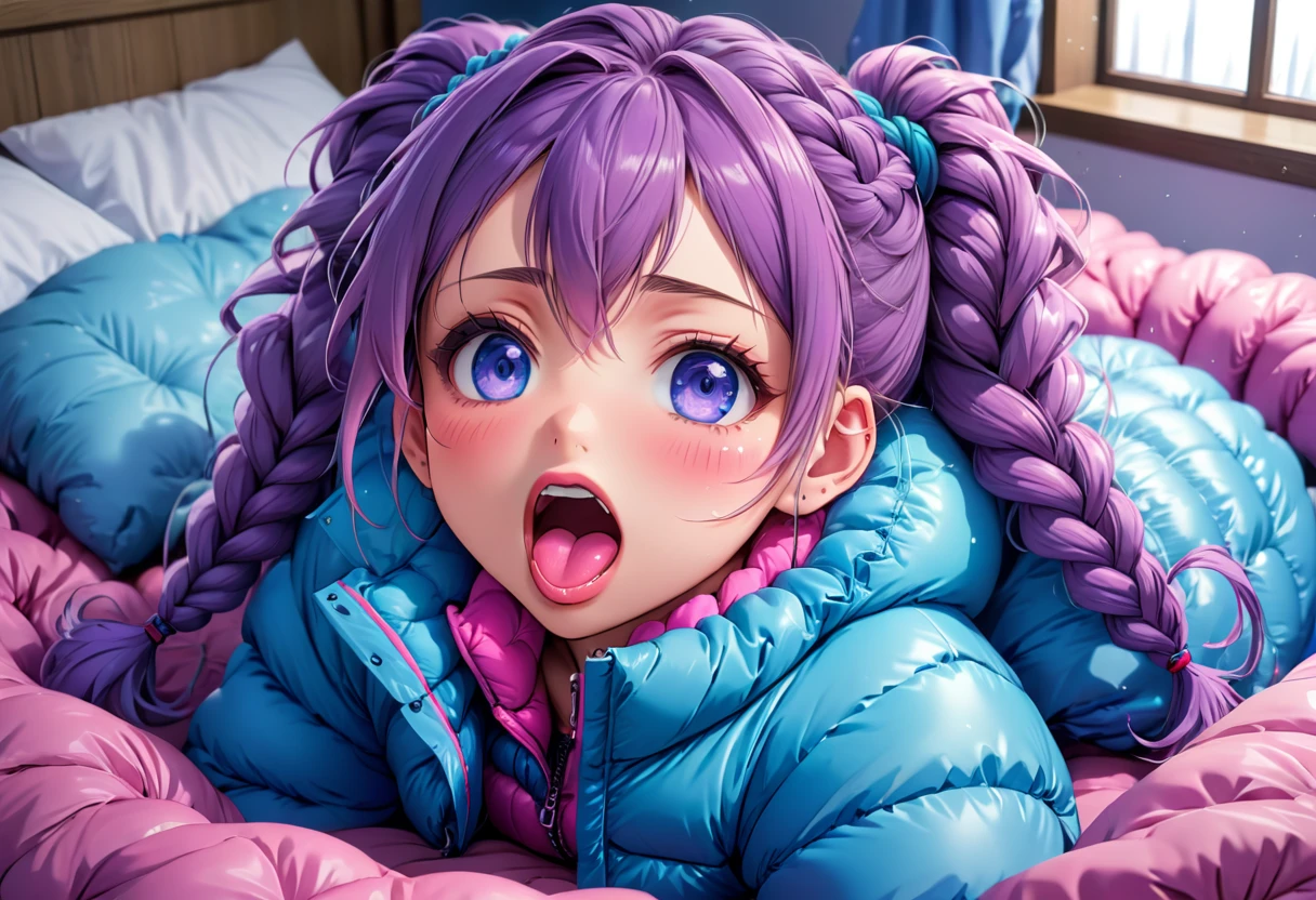 30th years old 1 anime Girl, bright blue eyes look at up, sweating profusely, cheek flushed, open mouth, sticking her tongue out, long thick purple messy braided hair, blue puffer jacket with a pink interior color, short puffer pair of cloth, lying on the bed with puffer cover, high res, ultrasharp, 8K, masterpiece.