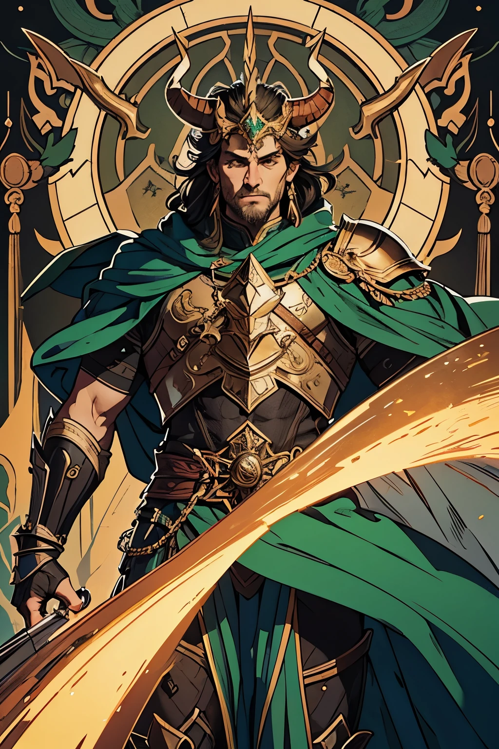 Make a giant male human that looks around 40 years old that is partially combined with a minotaur. He has a big upper body and horns on its head. He dresses mostly with a plate armor covered with clothing and the colors of the armor and clothing are mainly green with brown accents and bronze accessories. This character is the god of earth. Make the background symmetrical and with earth symbolism.
