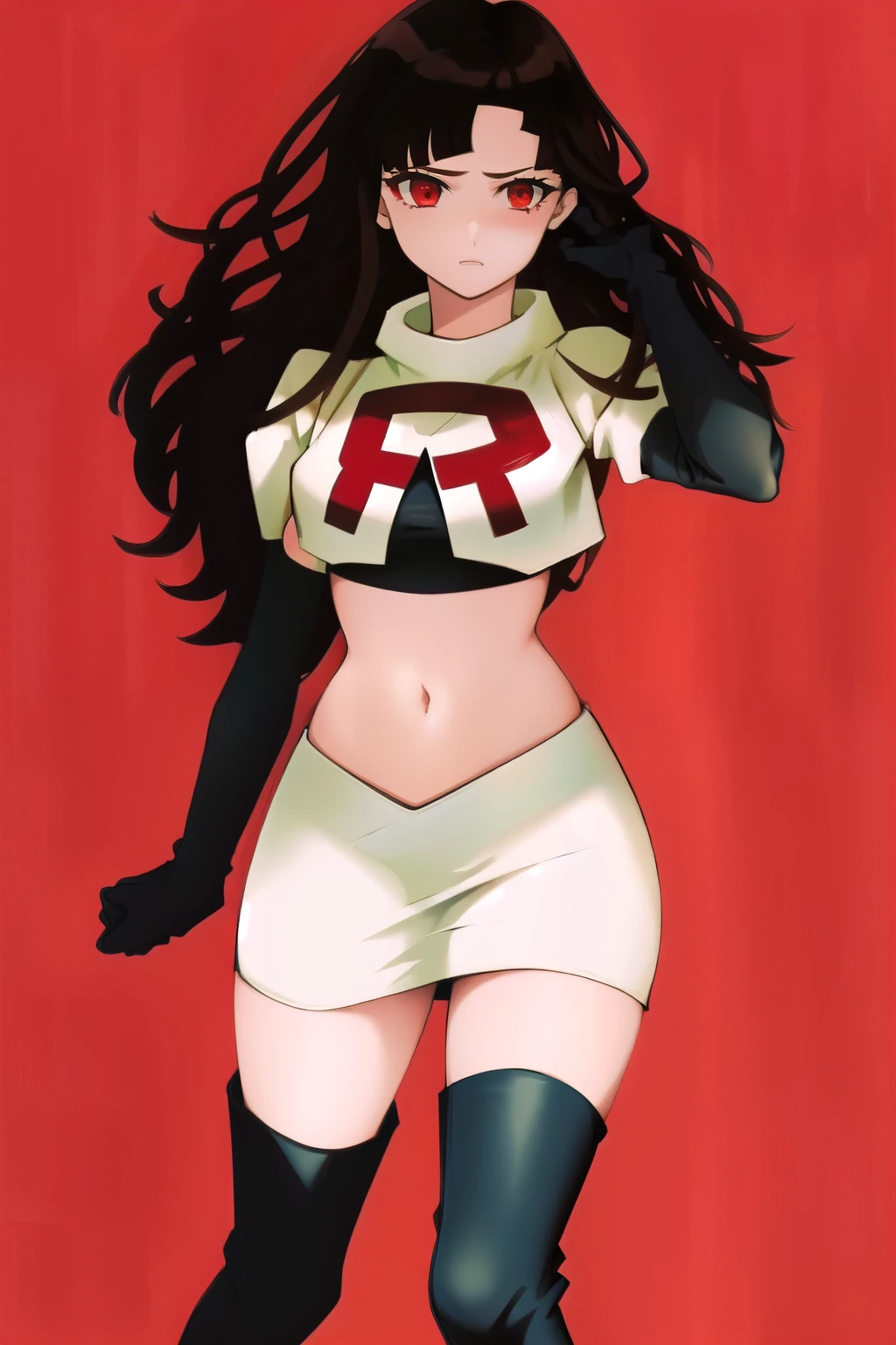 1girl, solo, messy hair, official style, face, portrait, team rocket,team rocket uniform, red letter R, white skirt,white crop top,black thigh-highs, black elbow gloves