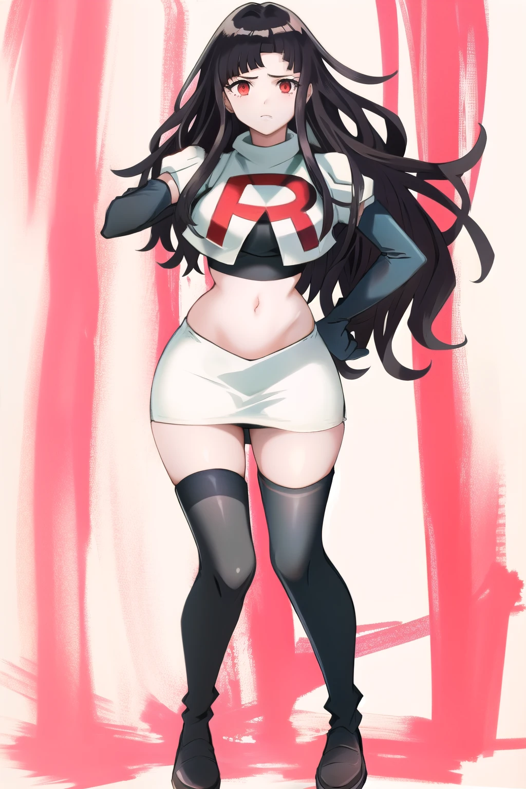 1girl, solo, messy hair, official style, face, portrait, team rocket,team rocket uniform, red letter R, white skirt,white crop top,black thigh-highs, black elbow gloves