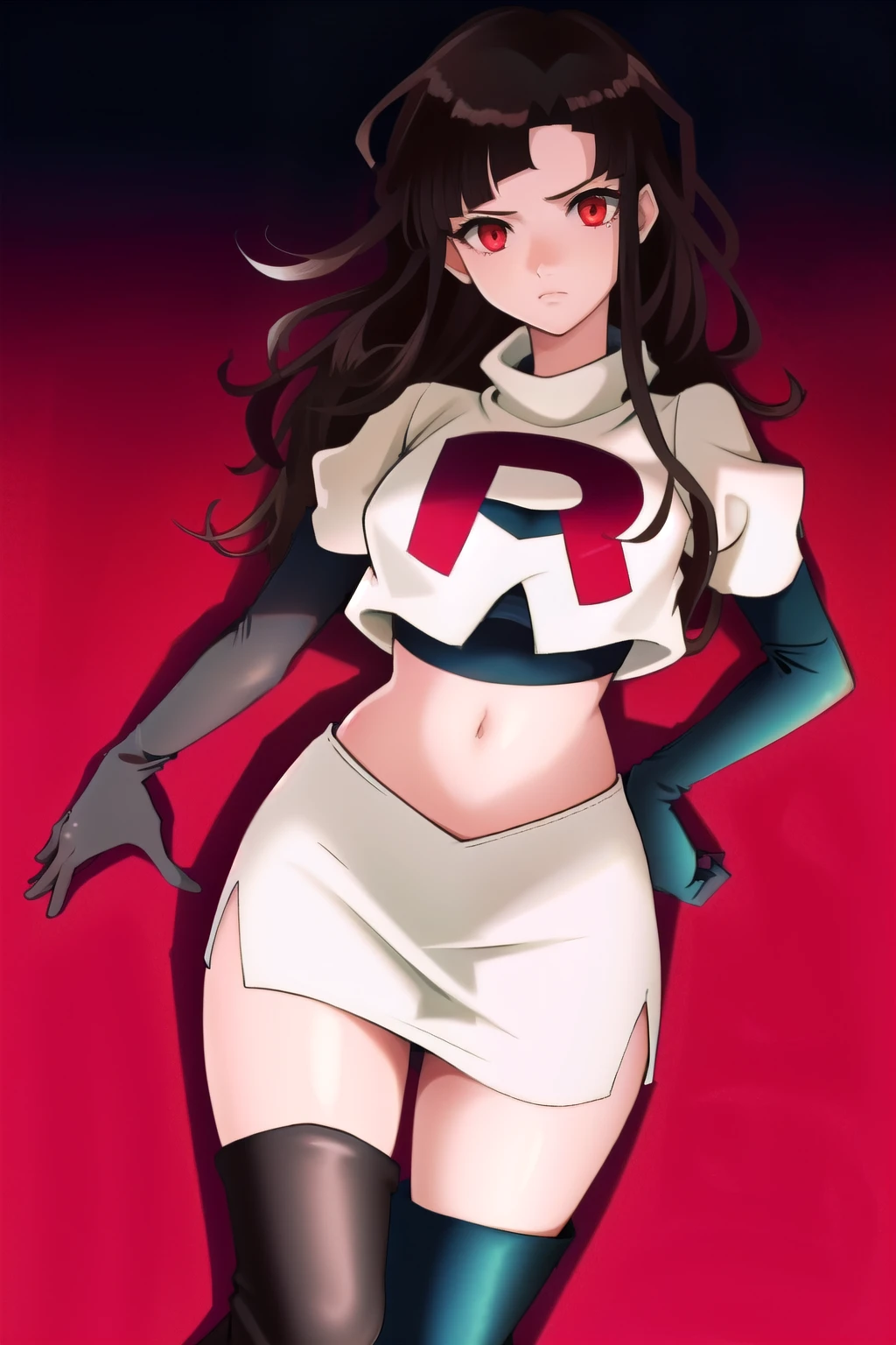 1girl, solo, messy hair, official style, face, portrait, team rocket,team rocket uniform, red letter R, white skirt,white crop top,black thigh-highs, black elbow gloves