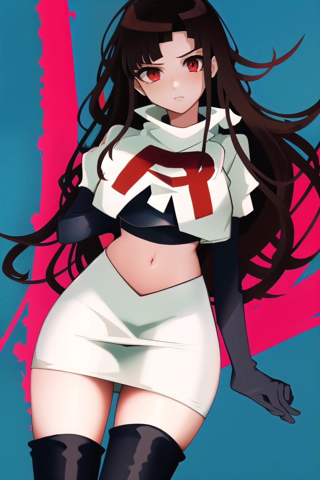 1girl, solo, messy hair, official style, face, portrait, team rocket,team rocket uniform, red letter R, white skirt,white crop top,black thigh-highs, black elbow gloves