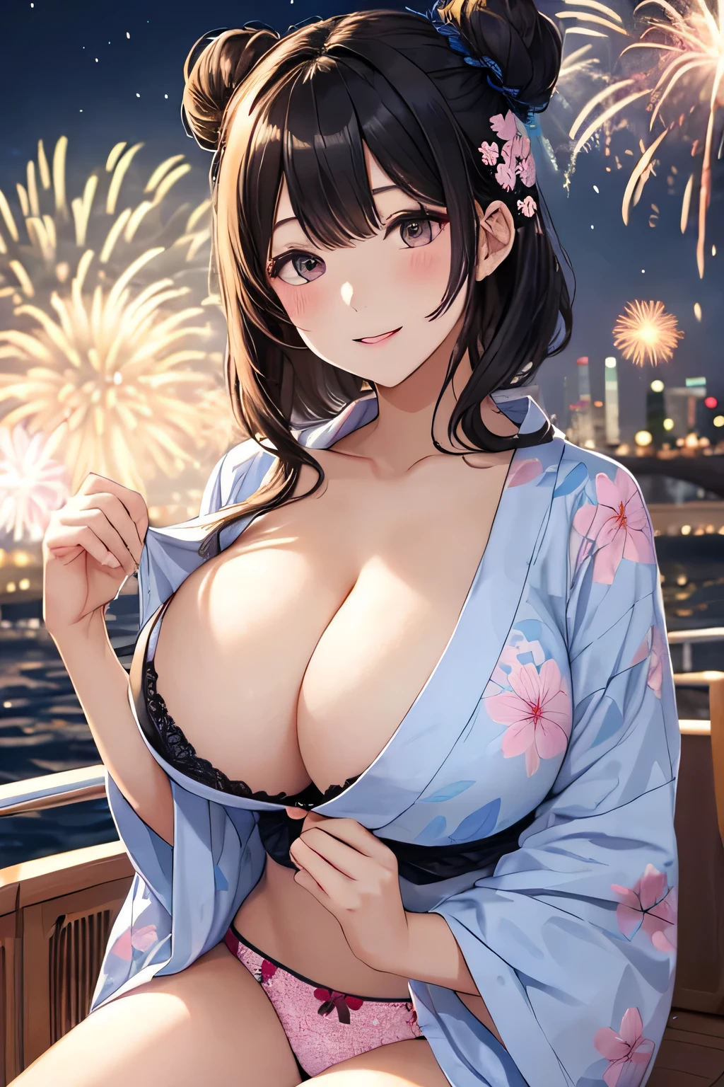 highest quality、High resolution、detailed background、clearな10代の美少女、clear、(huge breasts:1.5)、(night view、firework、from the top of the pleasure boat:1.2)、Look at me happily、
Yukata with bright colors and patterns、pink or light blue cherry blossom pattern、cute hairstyle、tie hair、bun hair、white floral embroidery panties、No bra、emphasize the chest、emphasize cleavage