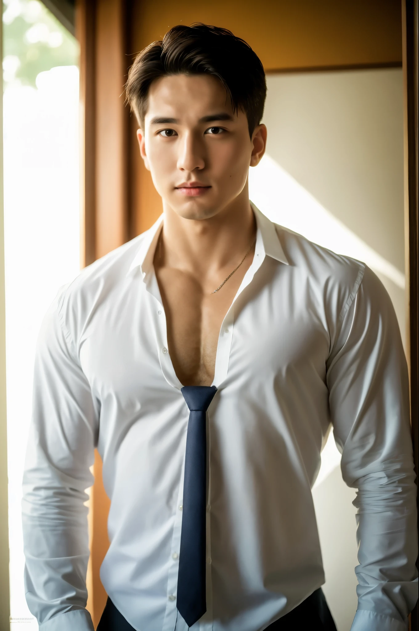 1man, a 25-year-old muscular man, wears a long-sleeved white shirt and tie, bodice, soft lighting, masterpiece, best quality, 8k ultra HD, DSLR camera, film grain, Midjourney and greg rutkowski's Fujifilm XT3 realistic painting art, Korean male, sexy and sensual, topless, sexy summer vibe, 