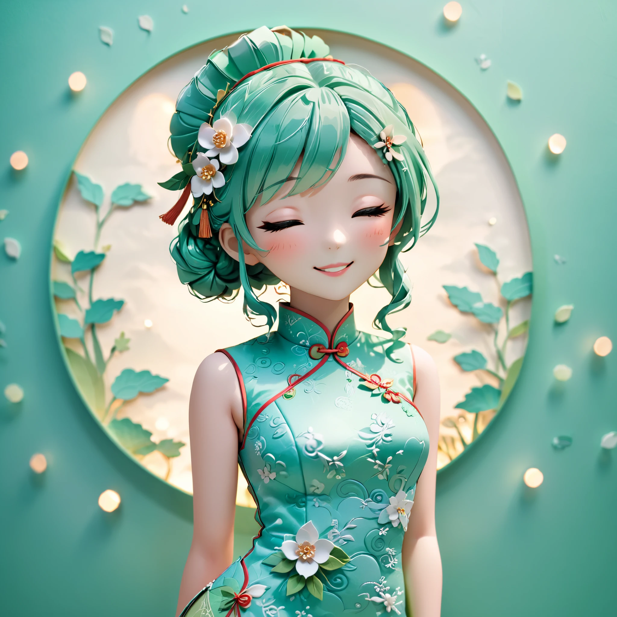 (paper art, Quilted paper art, 3D),  (full body:1.5),1 Cheongsam woman，Shy, close eyes, Slender figure，perfectly proportions，Delicate hair accessories, smile，Oriental elements，simple background, mint green,  (Soft Lighting, Bokeh)