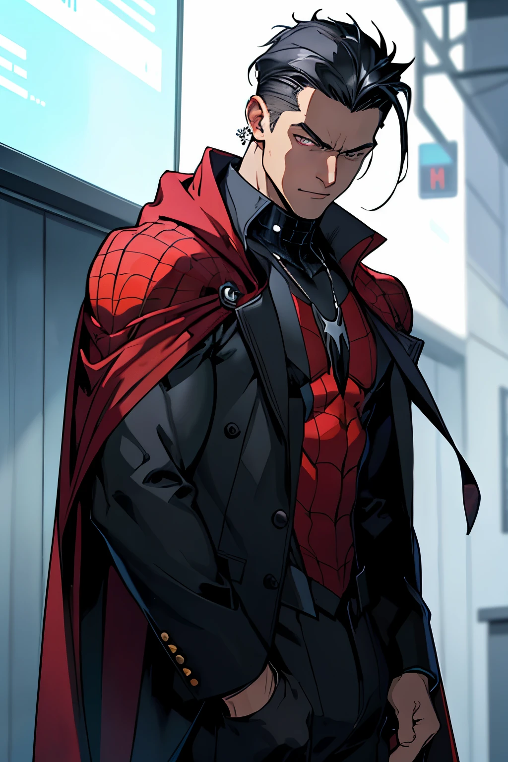 In the captivating Marvel comic panel, a young male Spider-Man, clad in a sleek black suit with a dramatic cape draped over his shoulders, focuses intently on something with a thoughtful expression. His piercing eyes are hidden behind his iconic mask, but his long tongue casually dangles out, its tip glistening with a hint of moisture. His raven-black hair is slicked back, and he sports stylish jewelry adorning his ears and around his neck. The suit's jacket is open, revealing the muscular definitions of his chest and arms. The panel, rendered in stunning detail, is a true masterpiece showcasing the dynamic and intriguing nature