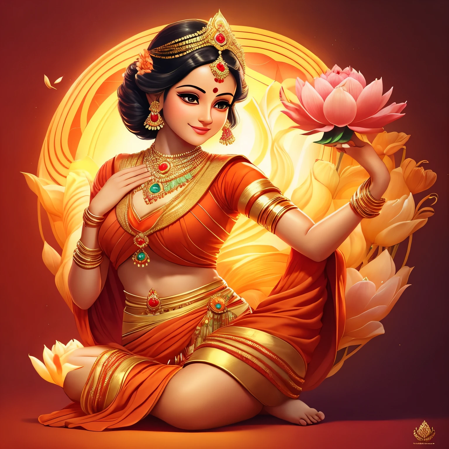 Create an enchanting logo for Shri Narayani Shyam Catters, a brand that embodies the divine essence of our feline friends. depict a graceful, goddess-like figure of Shri Narayani, with radiant, golden skin and peaceful, closed-eyed expressions. She is adorned with traditional Indian jewelry and a serene smile. In one hand, she gently cradles a sleek, red-hued cat with curious, bright orange eyes, representing the playful and endearing nature of our beloved pets. In the other hand, she tenderly holds a lotus flower, symbolizing purity, strength, and enlightenment. The background is a unique blend