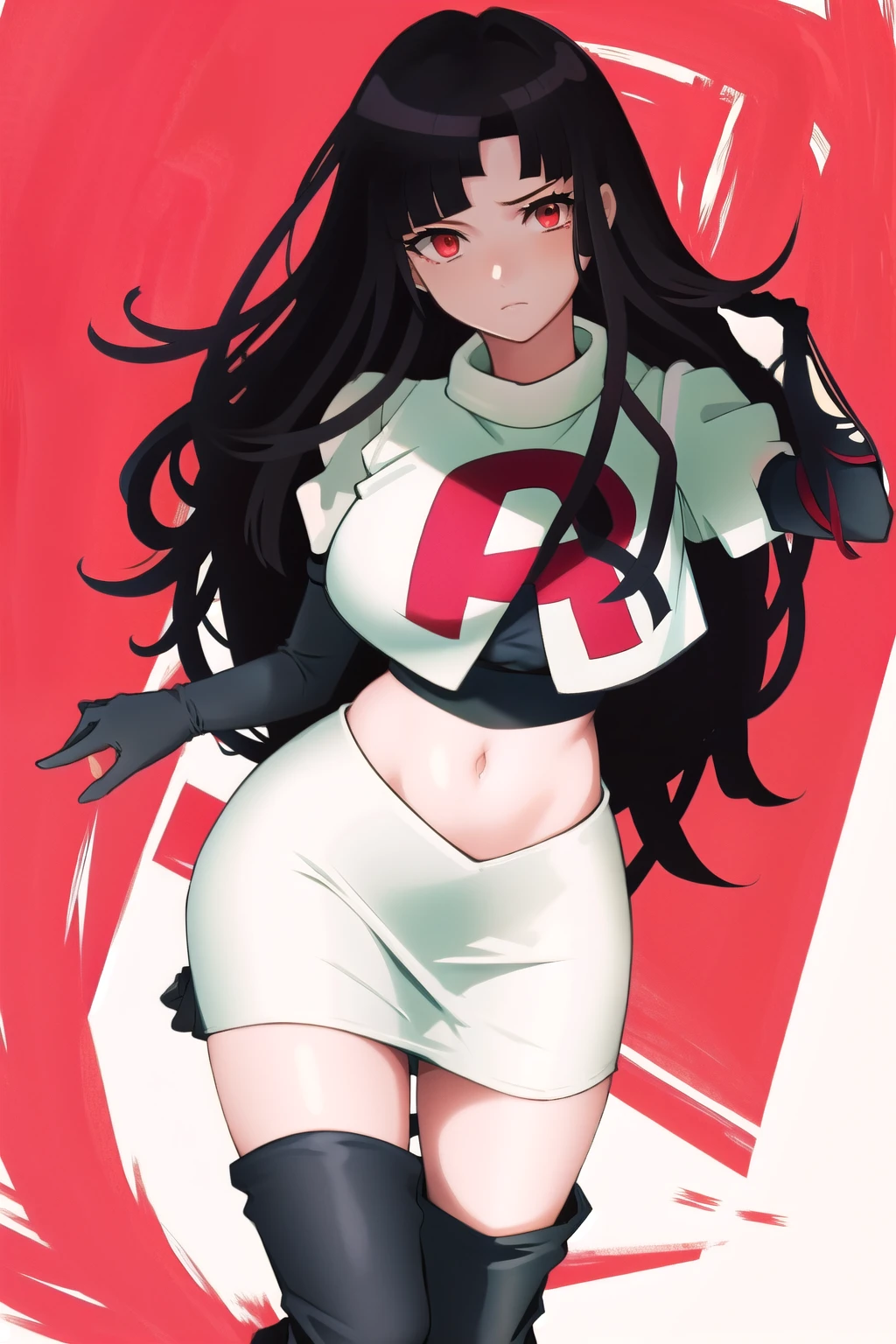 1girl, solo, messy hair, official style, face, portrait, team rocket,team rocket uniform, red letter R, white skirt,white crop top,black thigh-highs, black elbow gloves