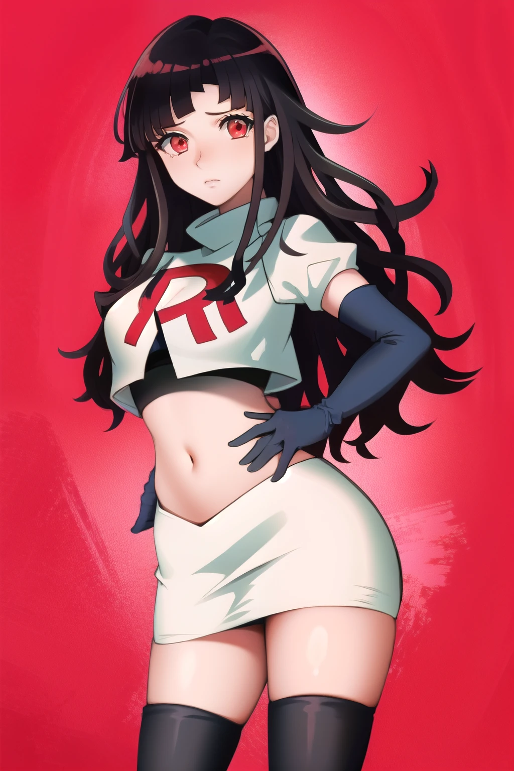 1girl, solo, messy hair, official style, face, portrait, team rocket,team rocket uniform, red letter R, white skirt,white crop top,black thigh-highs, black elbow gloves