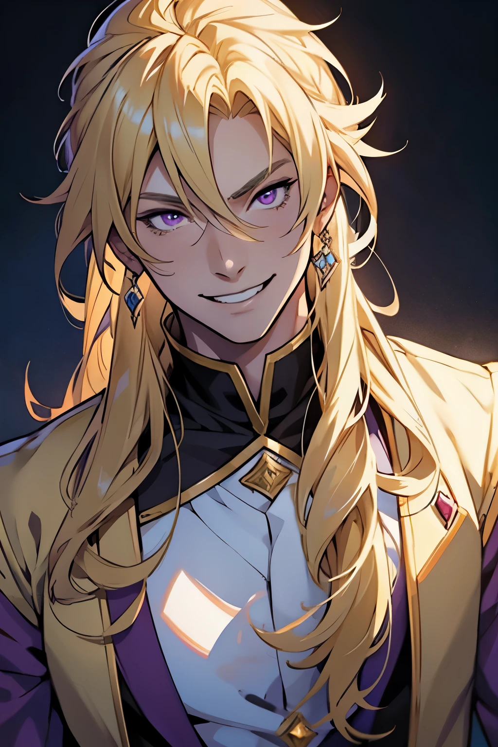 anime - style image of a young prince with purple eyes and blonde hair, blonde hair, blonde hair, a portrait of a male prince, beautiful male prince, a male prince, portrait of a young prince, handsome guy in demon slayer art, male, young, beautiful androgynous prince, smirk, artwork in the style of guweiz, laughing face, crazy laughing face, laugh, crazy laugh 