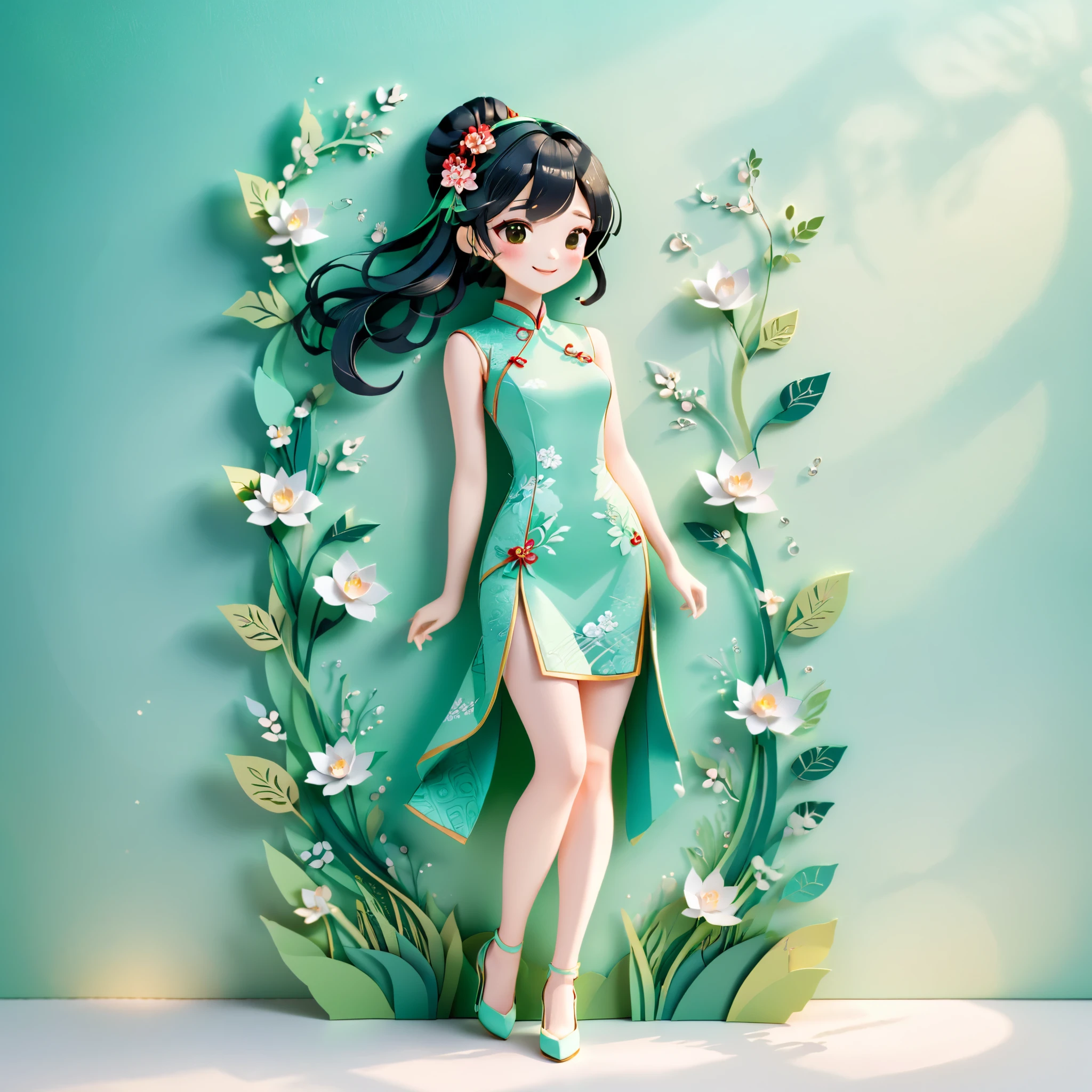 (paper art, Quilted paper art, 3D),  (full body:1.5),1 Cheongsam woman，Shy, Slender figure，perfectly proportions，Delicate hair accessories, smile，Oriental elements，simple background, mint green,  (Soft Lighting, Bokeh)