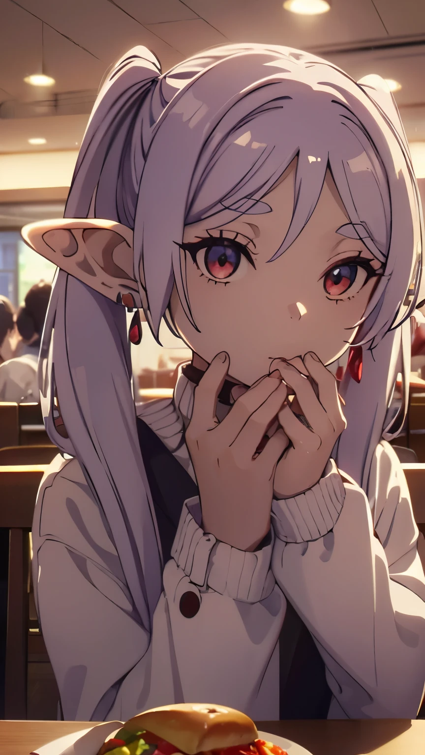 Looking from bottom to top、eat a hamburger bigger than your face、Holding a knife and fork in both handake your eyes sparkle、drooling from the mouth、upper body only、The background is the cafeteria、silver hair、twin tails、Freelen、elf、red earrings、eyes are shining、bright dining room、table