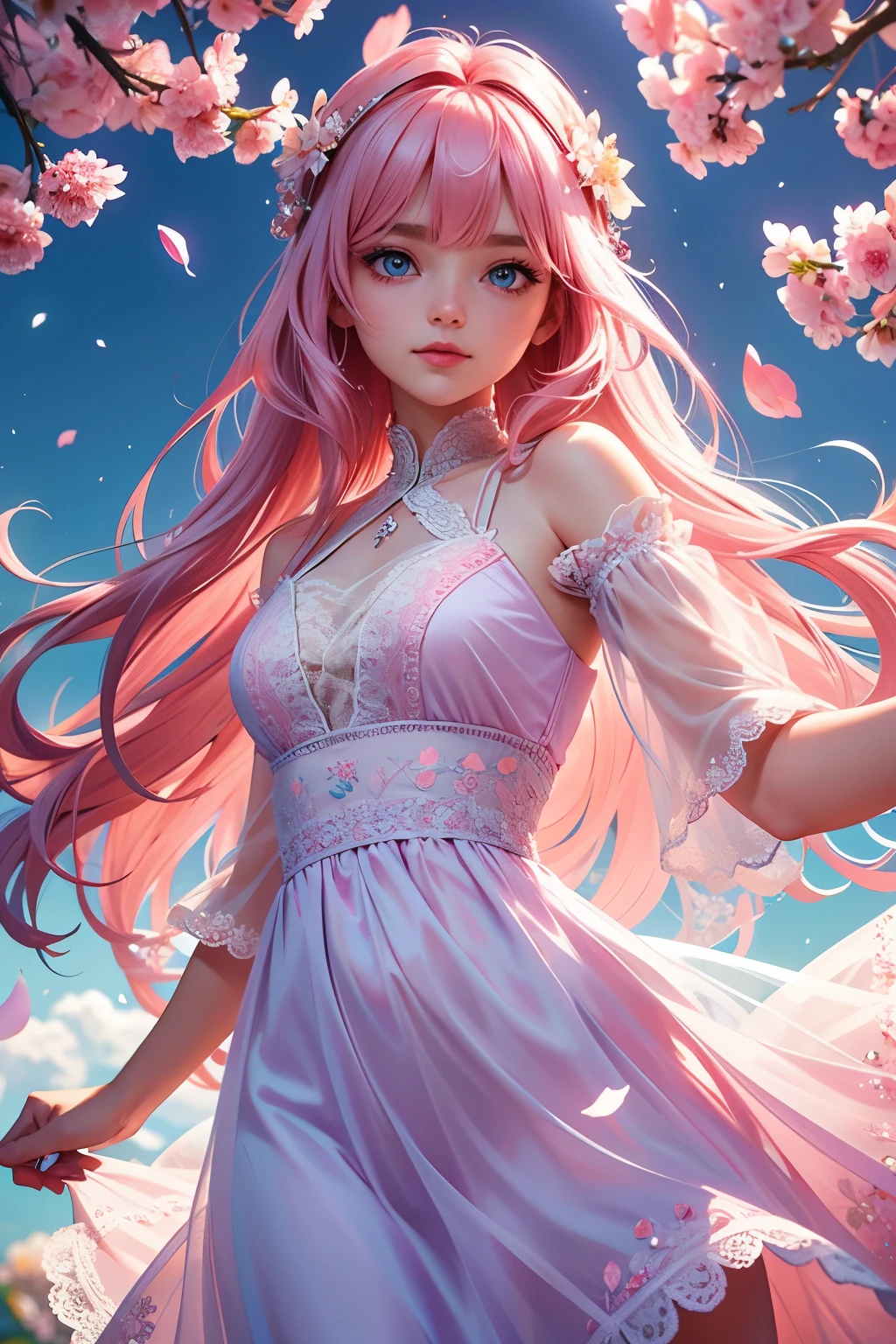 (CG unity 8k wallpaper extremely detailed) (better quality) (better lighting) (an extremely delicate and beautiful) (floating) (beautiful) (spring atmosphere) (1girl) (long pink hair), (hair headband), (detailed and beautiful blue eyes), ((very short white dress, pink lace underside), (lace), ((light transparent silk))), (cherry blossom petals), (butterflies), (dof), (volumetric light) cinematic lighting, chromatic aberration, Sony FE GM, textured skin, high details, highres, 8k