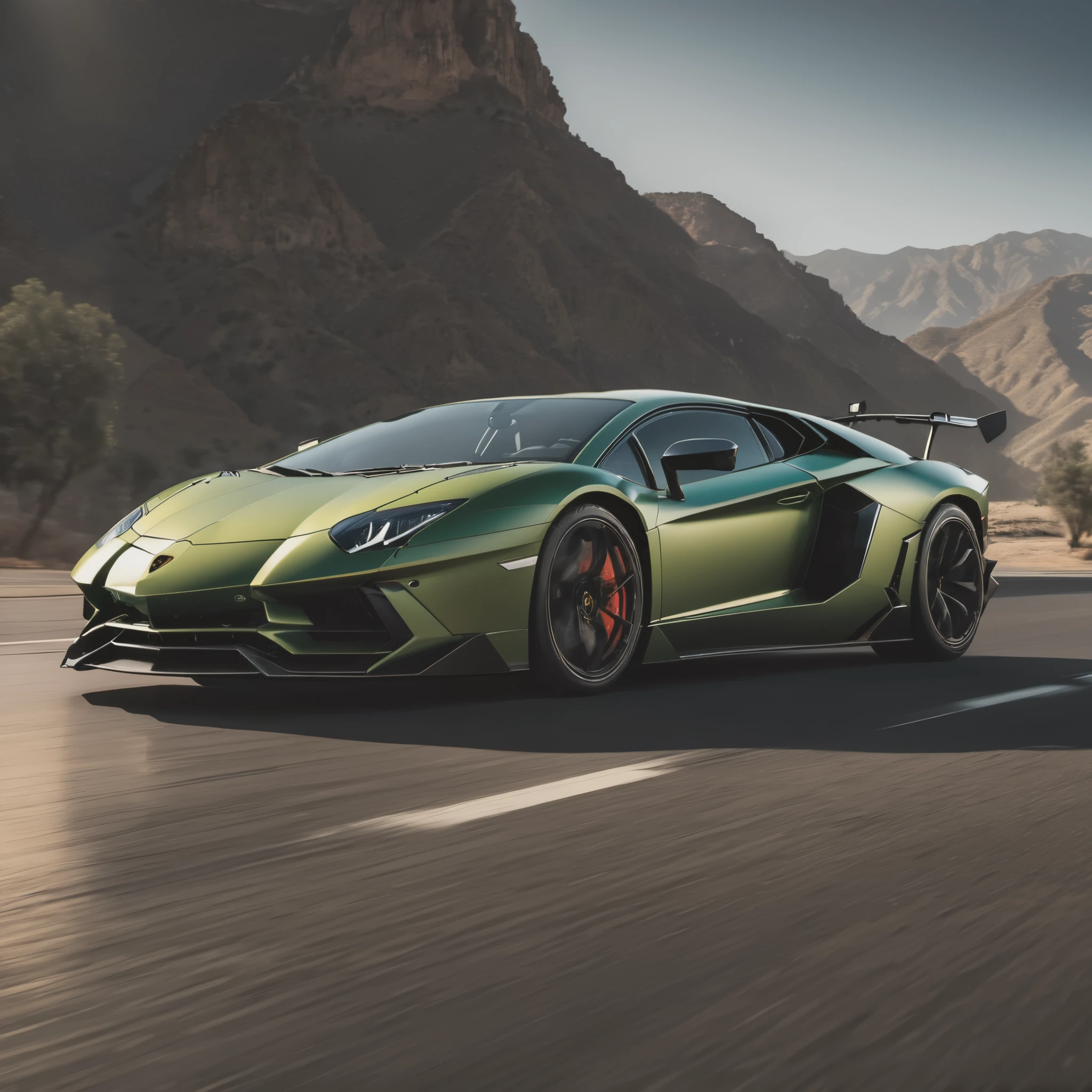 a Lamborghini aventador svj , (detailed stunning environment), cinematic, cover art, (low front angle), intricate, highly detailed, smooth, sharp focus, cinematic lighting, atmospheric, photoreal, 8k, Canon EF 200-400mm f/4L IS USM Extender 1. 4x Lens, stan Winston studio