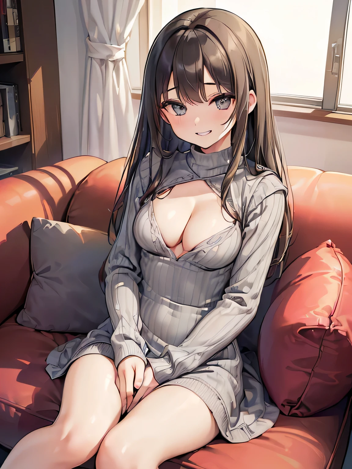 (masterpiece、highest quality、High resolution、realistic pictures、real looking skin:1.1), (She is wearing a tight gray knit minidress with long sleeves。.:1.5), (There is a small gap in the chest of that dress.、I can see the cleavage.:1.5), 1 Japanese woman, beautiful eyes, shining eyes, brown hair, medium long hair, OL, (I'Iはソファに膝を合わせて座っています:1.8), (both hands on the sofa: 1.5), (fancy pattern panties: 1.5), (provocative and grinning expression:1.5), (The location is the sofa in the living room of the apartment..:1.5), NSFW