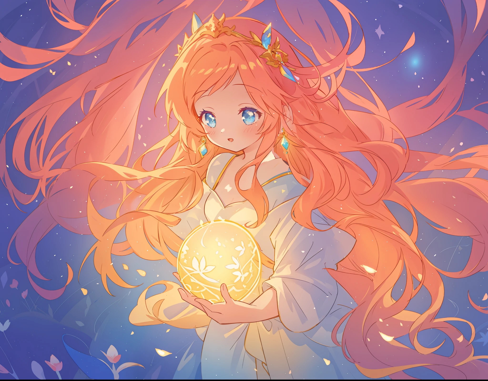beautiful girl in long flowing dress, long flowing hair, beautiful girl holding a glowing golden ball of light, sparkling blue eyes, colorful fantasia background, watercolor illustration, disney art style, glowing aura around her, glowing lights, beautiful digital illustration, fantasia otherworldly landscape plants flowers, beautiful, masterpiece, best quality, anime disney style