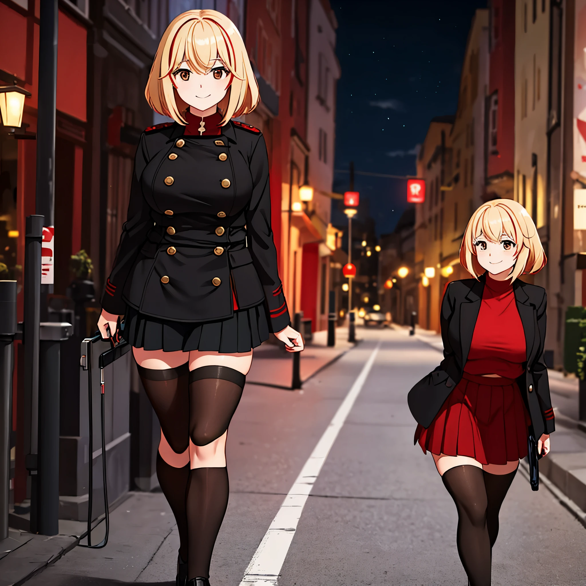 A woman wearing a red shirt, a black coat, wearing a short skirt, brown eyes, blonde hair, red bangs, smiling, walking in a large, well-lit city at night.