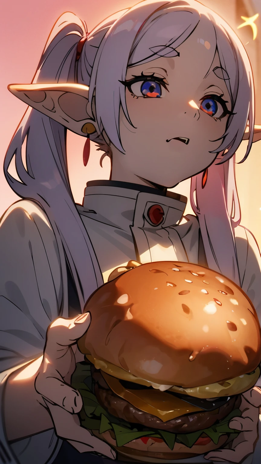 Looking from bottom to top、eat a hamburger bigger than your face、Holding a knife and fork in both handake your eyes sparkle、drooling from the mouth、upper body only、The background is the cafeteria、silver hair、twin tails、Freelen、elf、red earrings、eyes are shining、mouth wide open、drooling