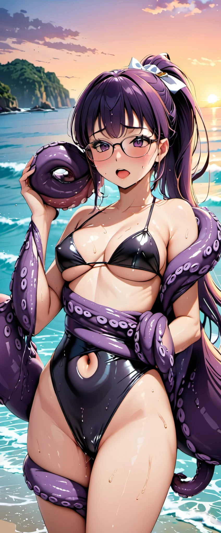 woman,25 years old,Ocean,morning,(((latex bikini))),(wet with sweat),open mouth smile、Glasses,((beautiful long ponytail)),blush、surprised face,(((Tentacles wrap around the body)))(((SEX with tentacles)))(((Tentacles wrap around the body)))(((Tentacles wrap around the body)))()((many tentacles of octopus))((lewd octopus))