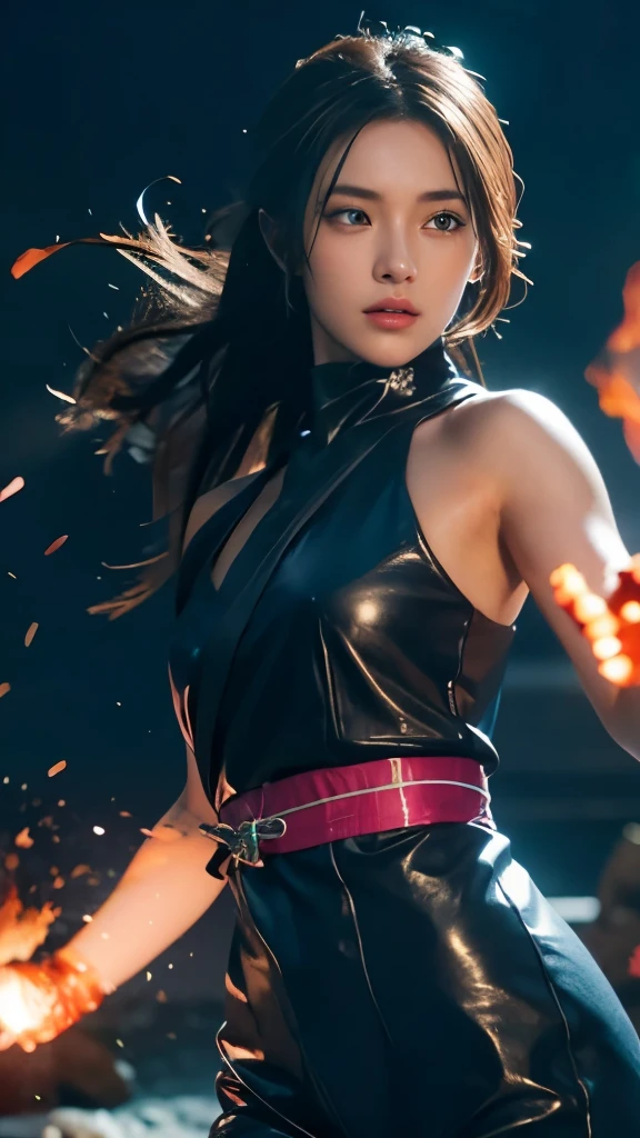 (RAW shooting, Photoreal:1.5, 8k, highest quality, masterpiece, ultra high resolution), Sengoku, fire thing, War fires raging everywhere:1.3, perfect dynamic composition:1.2, Highly detailed skin and facial textures:1.2, Slim female ninja with a sharp dagger:1.3, Fight:1.2, beautiful and aesthetic, cute and sexy beauty, perfect style:1.2, wear elaborate rings, fire, water, Wind, thunder, ice, Fair skin, very beautiful face, radiant white skin, (Medium chest), faint smile, (Wearing tirtle neck ninja suit), sleeveless (beautiful blue eyes), (Bewitching:0.9), cowboy shot, no mask, ninjitsu pose, neon lights, ninjitsu style, magic lights, chakra lights, aura