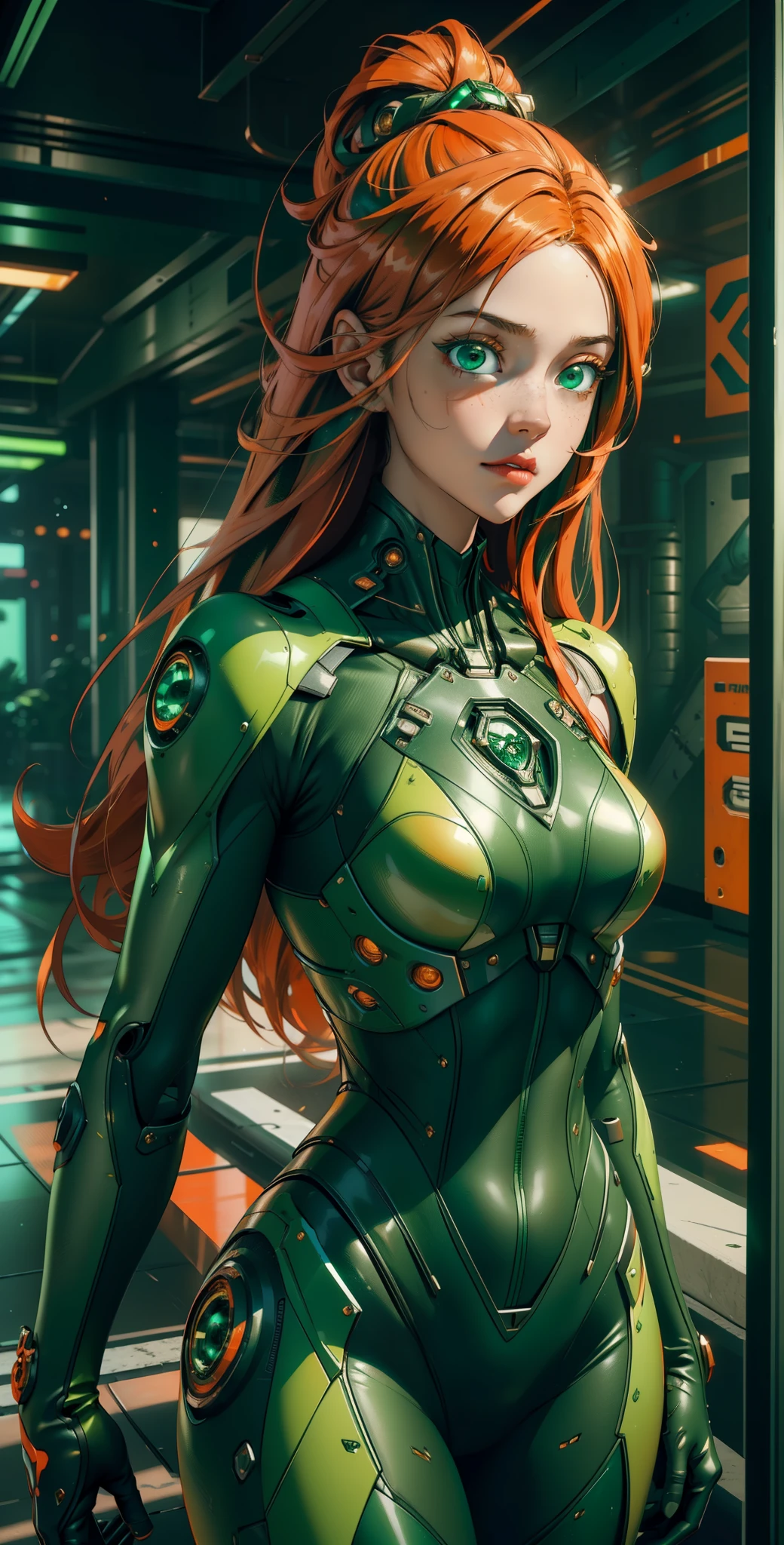 1 girl, solo, ((Best quality)), ((masterpiece)), (detailed:1.4), ((upper body)), 3D, an image of a beautiful cyberpunk female,HDR (High Dynamic Range), Ray Tracing,NVIDIA RTX,Super-Resolution,Unreal 5,Subsurface scattering,PBR Texturing,Post-processing,Anisotropic Filtering,Depth-of-field,Maximum clarity and sharpness,Multi-layered textures,Albedo and Specular maps,Surface shading,Accurate simulation of light-material interaction,Perfect proportions,Octane Render,Two-tone lighting,Wide aperture,Low ISO,White balance,Rule of thirds,8K RAW, (((green eyes))), (((orange long hair))), sam \(totally spies\), orange hair, long hair, green eyes, ((green amor))