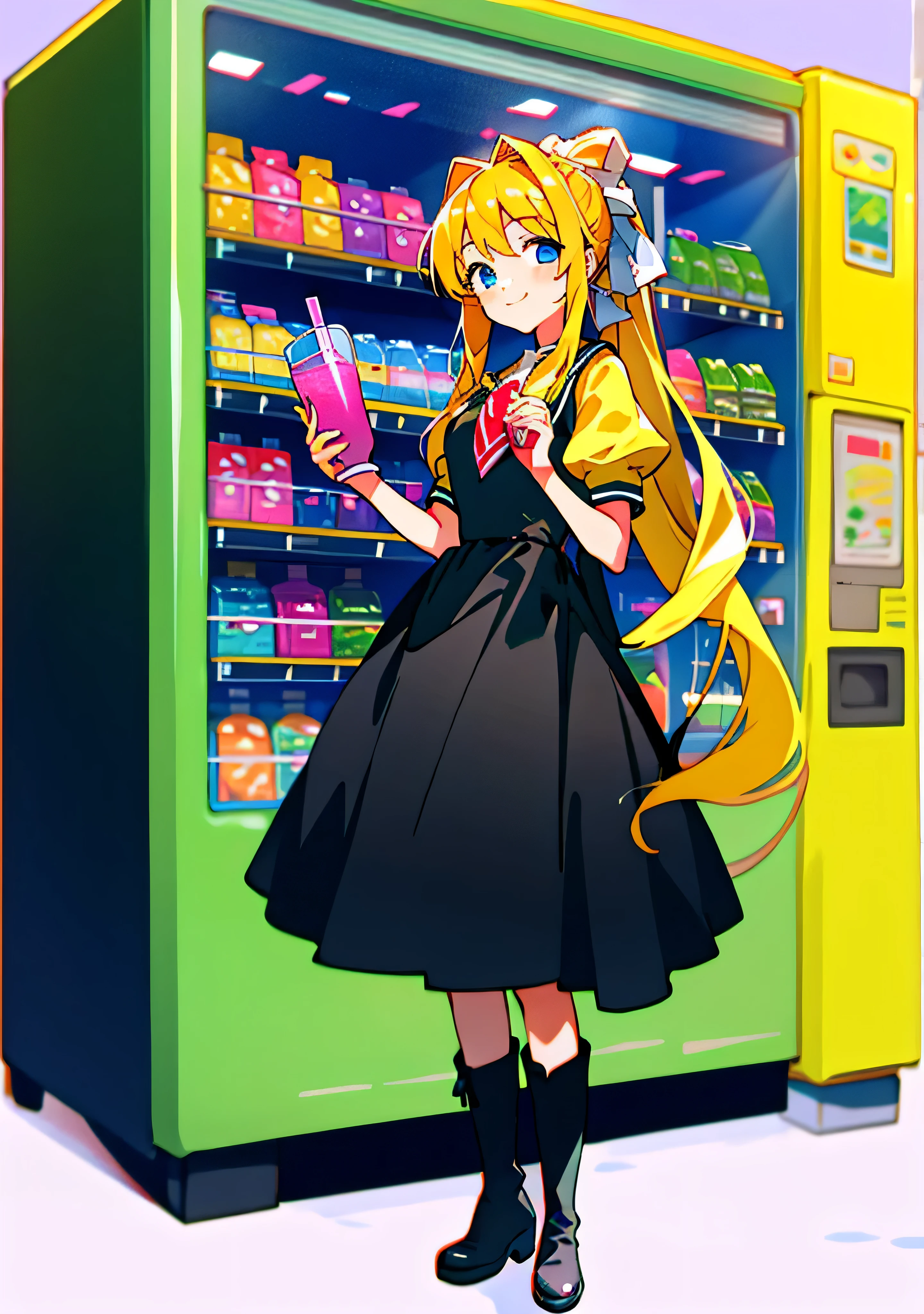 1girl, best quality, hdr, kamio misuzu, AIR, blue eyes, long hair, blonde hair, ponytail, white ribbon on hair, school uniform, black dress, yellow shirt, red tie, extra long black socks, black boots, holding one pink juice box in each hand, looking at viewer, offering to viewer what she has on hand, smiling, standing in front of a vending machine, full body, sunny, summer