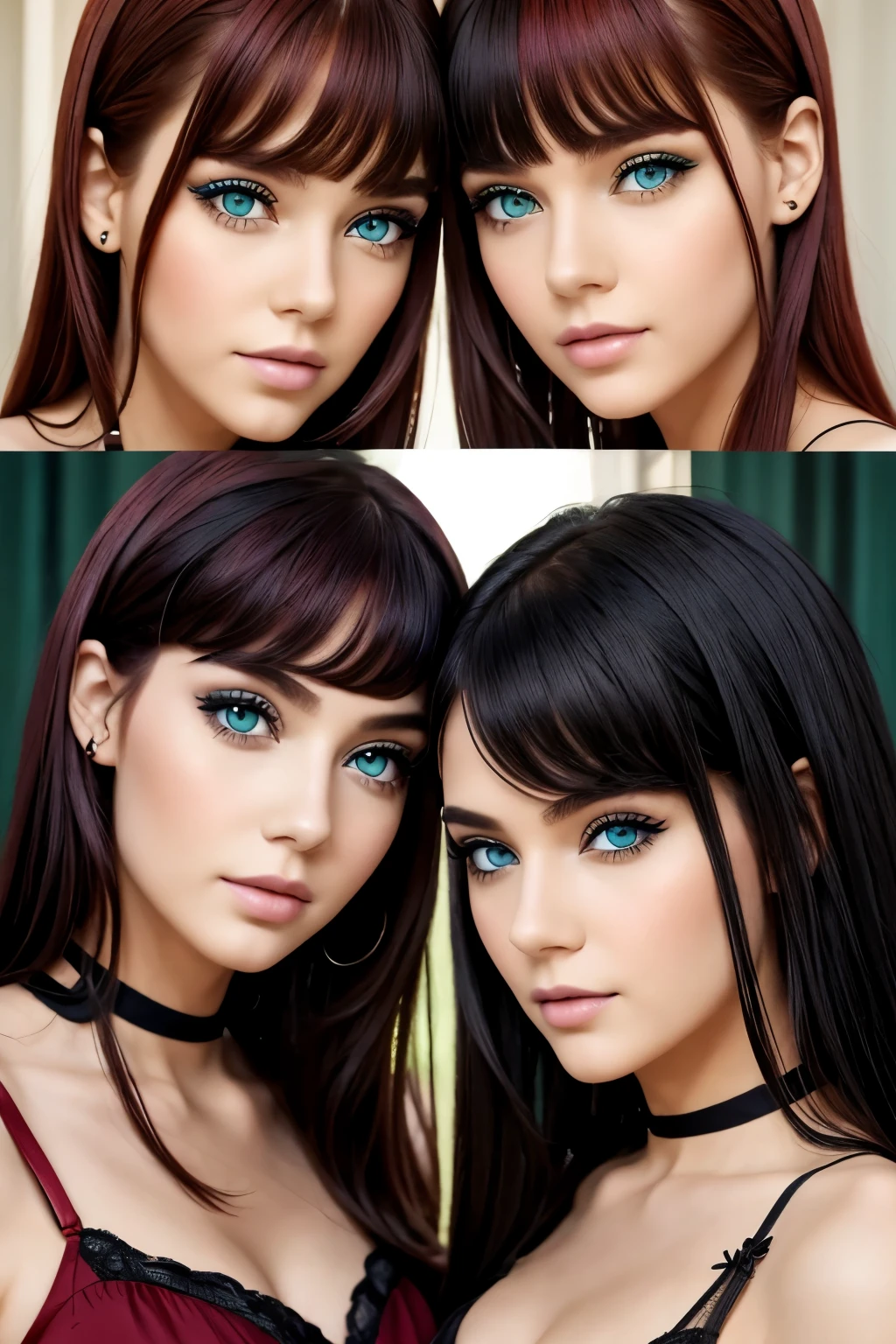 Twins, {1 bule eyes_red hair 2 green eyes_black hair},