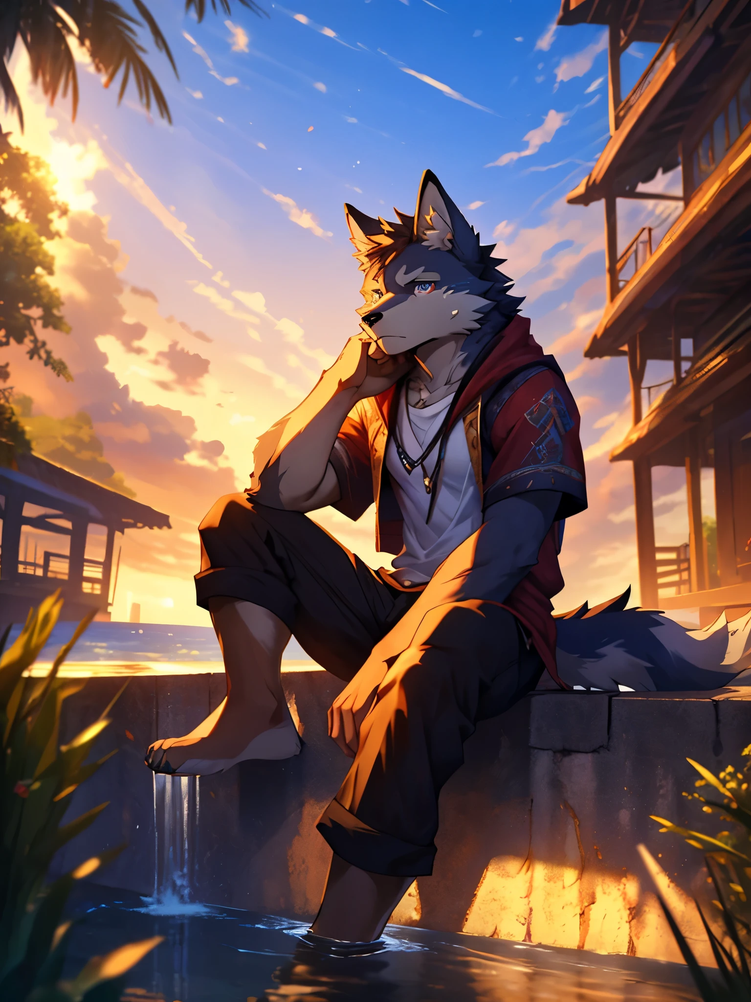 (posted on e621 by Angiewolfartist art style), male, Wolf anthro, Solo, (Realistic eye details 1.2), wearing a white t-shirt, black shorts, anime character, anime - style picture of one people sitting on a dock, very very beautiful furry art, commission for high res, afternoon hangout, pov furry art, furry art!!!, commission for, fursona art, commission art, anthro art, furry art, watching the sunset, Fantasy furry art, fantasy, sad expression, sad face, crying, crying expression, slim body, full body like, in a panoramic view, masterpiece, Abstract beauty, ultra detailed face, depth of field, motion blur, high details, high quality, award winning, HD, 16k, (best quality,4k,8k,highres,masterpiece:1.2),ultra-detailed,realistic:1.37,HDR,UHD,studio lighting,extreme detail description,professional,vivid colors,bokeh,lively atmosphere, natural lighting