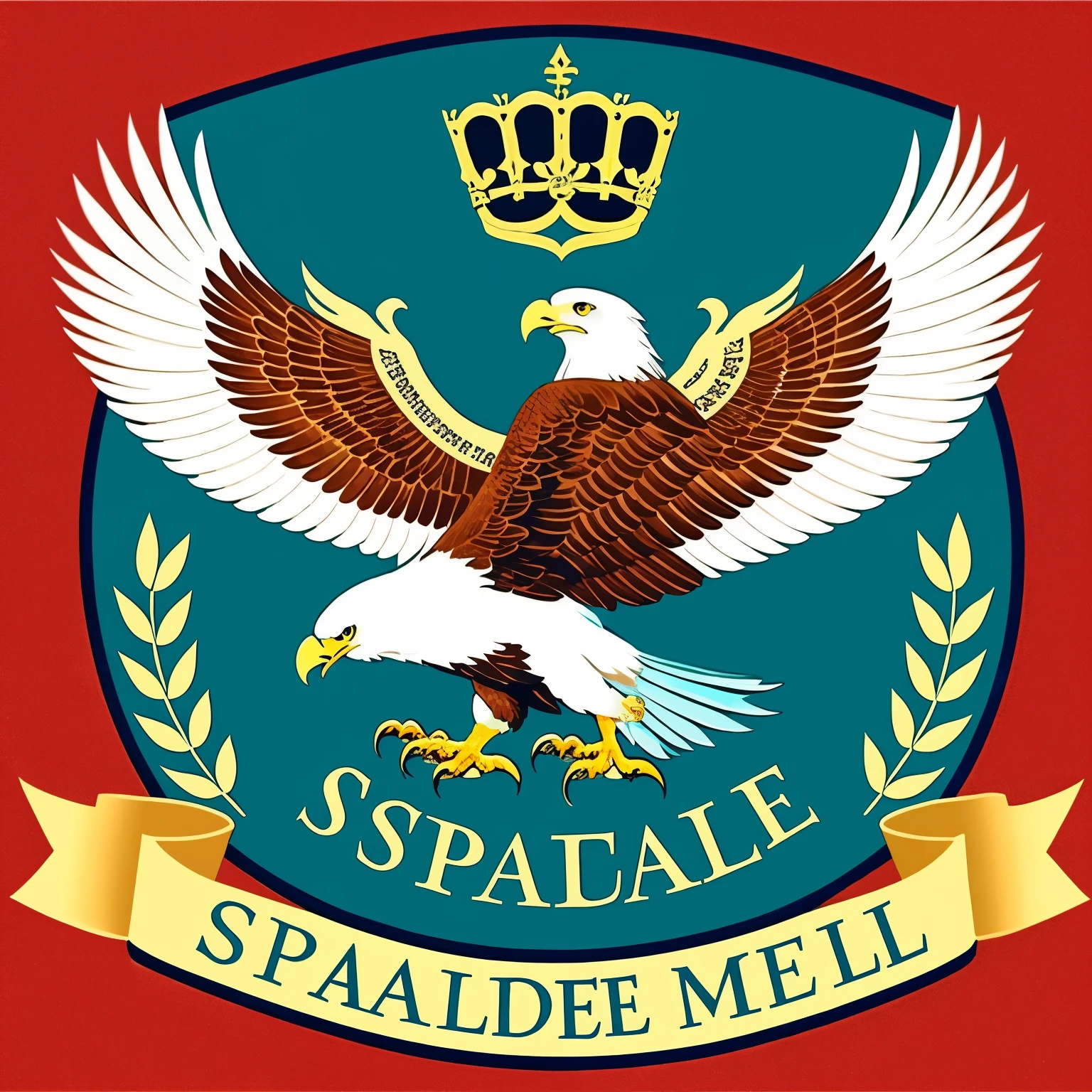 Create an image featuring an eagle shield, with the Spanish inscription "BANDA DE MUSICA 2 DE APRIL" written at the top in its original form, an "2A" name in the eagle's center, and the lower part bearing the word "TUMUSLA" also in its original Spanish script. The shield sports a white and turquoise color scheme, and the eagle should grasp two trumpets and musical figures in its claws.