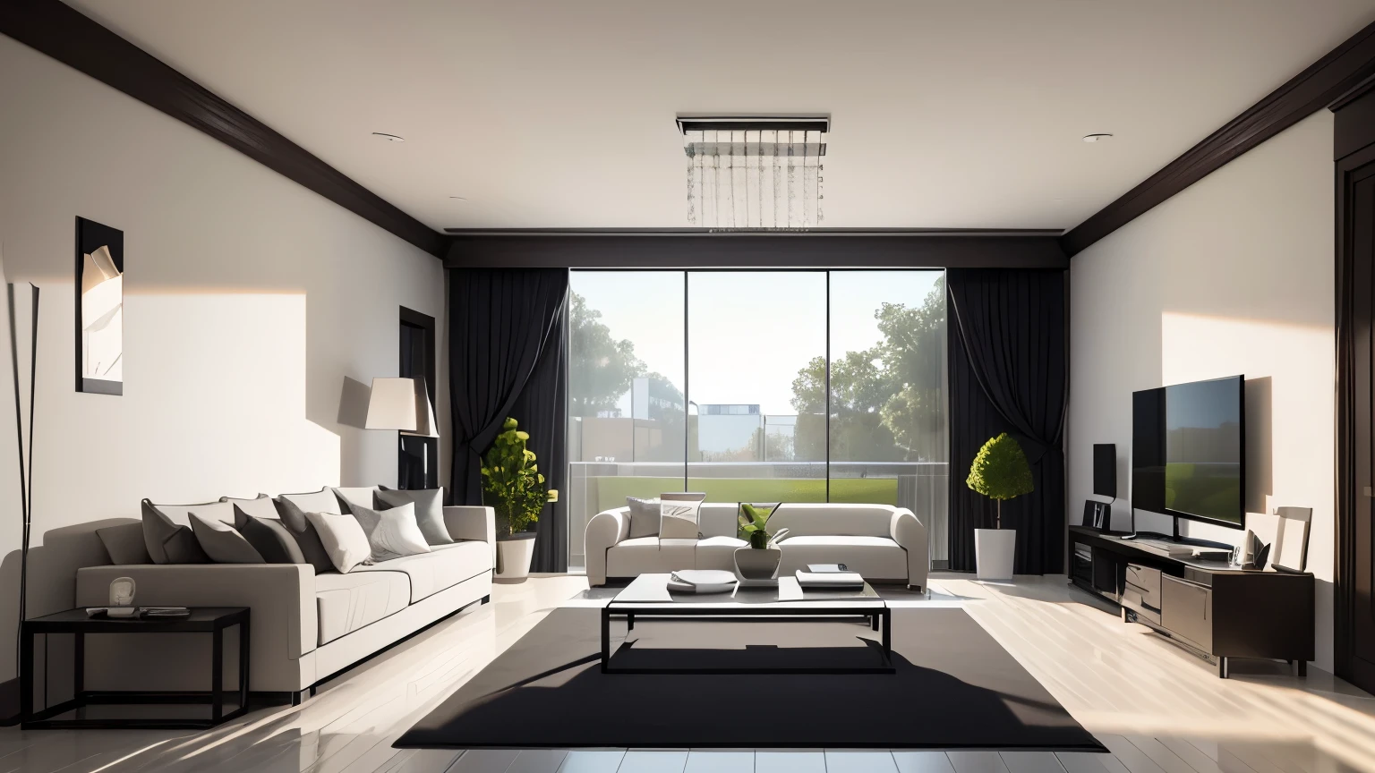 you are a famous interior designer、I was asked to create a 3D image of a large modern room.。. Create a harmonious environment with modern and minimalist furniture. Including garden interior.