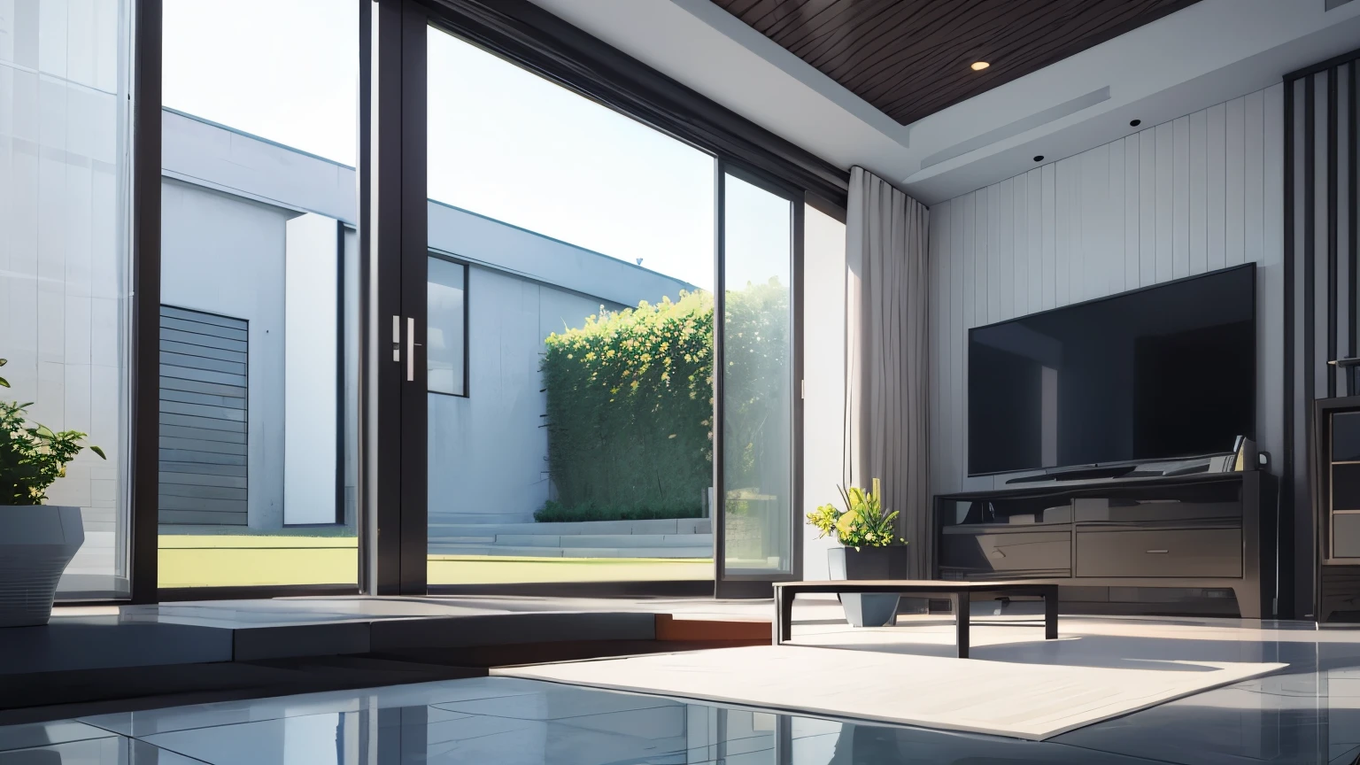 you are a famous interior designer、I was asked to create a 3D image of a large modern room.。. Create a harmonious environment with modern and minimalist furniture. Including garden interior.